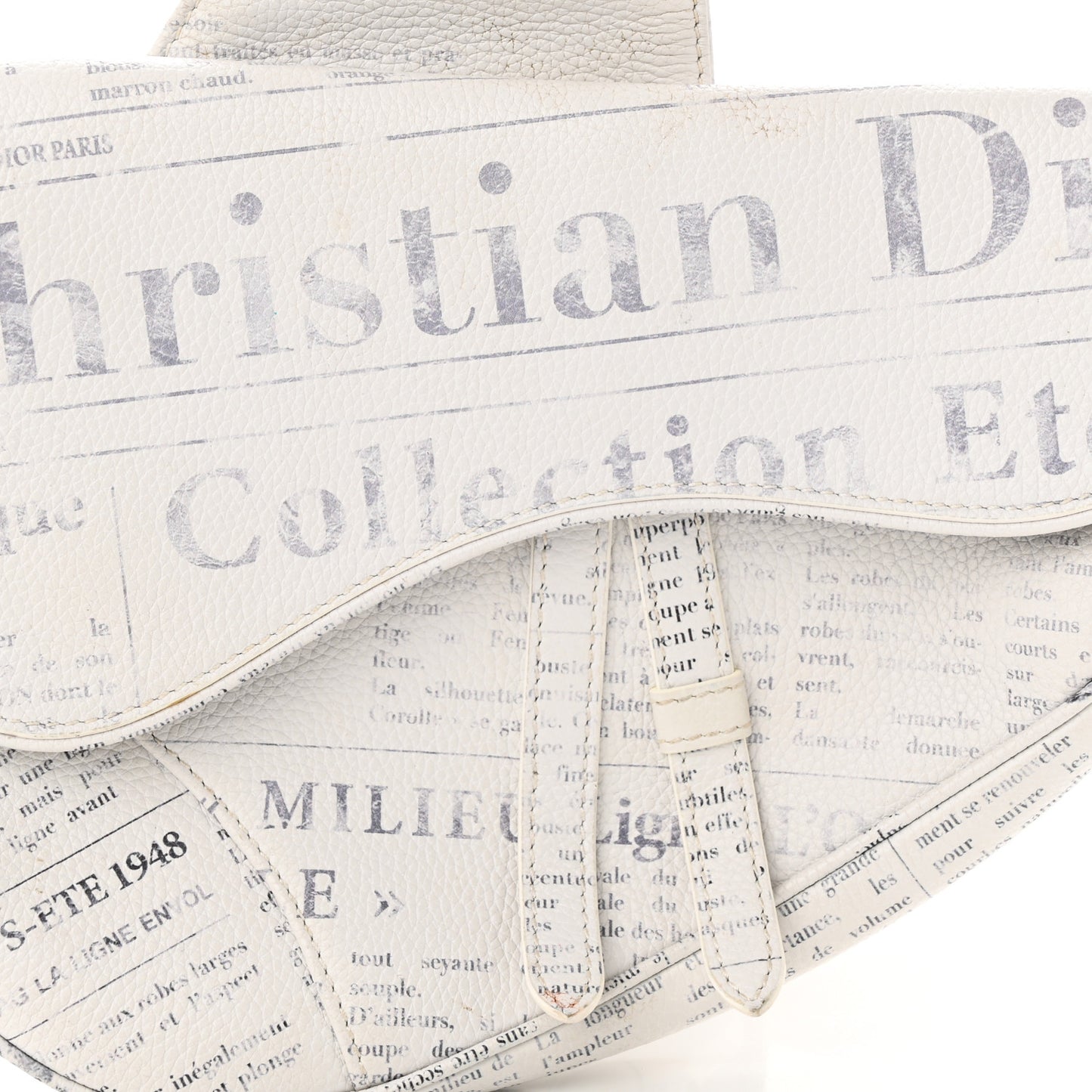 X DANIEL ARSHAM Grained Calfskin Newspaper Print Saddle Bag White
