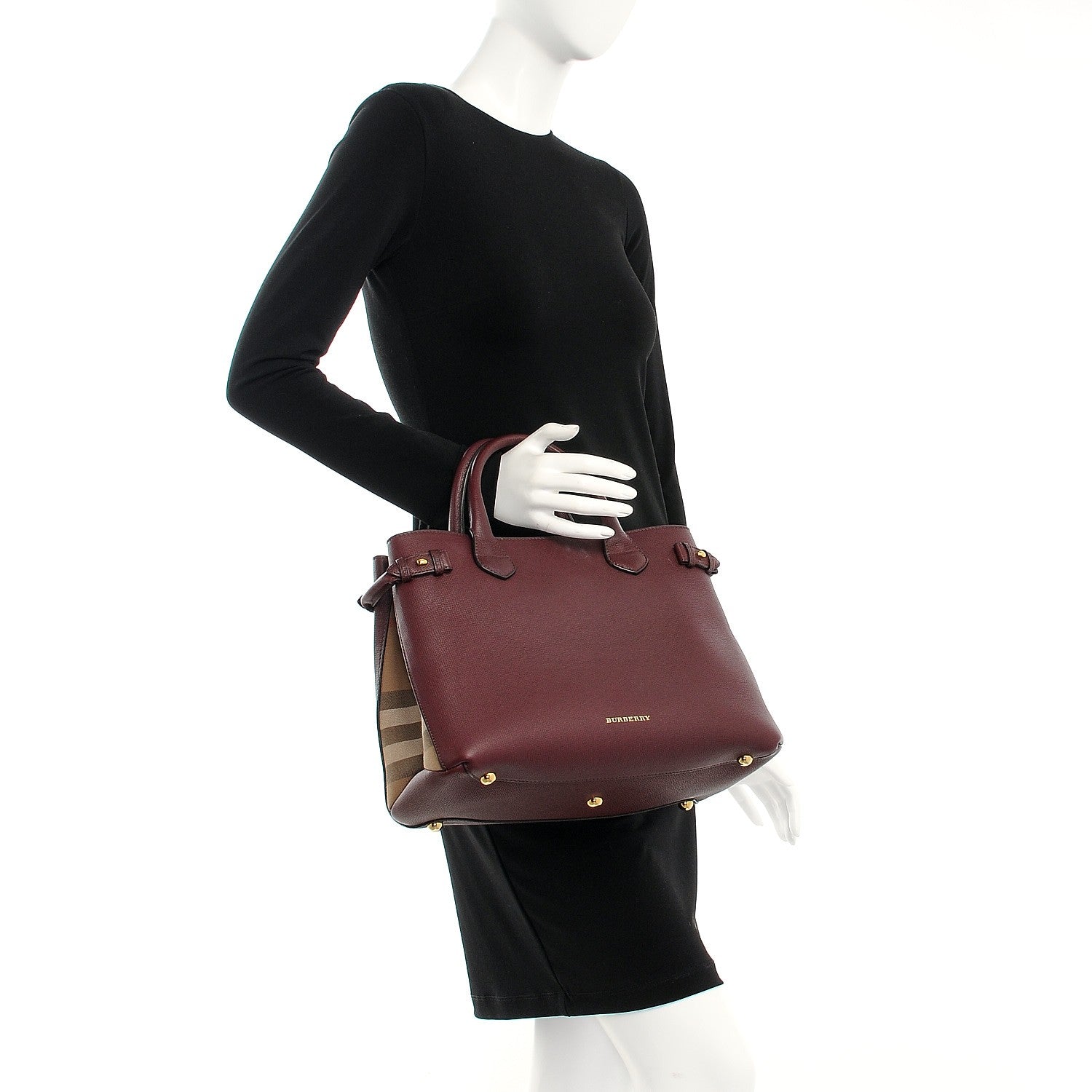 Burberry Grainy Calfskin House Check Medium Banner Tote Mahogany Red 3 of 12