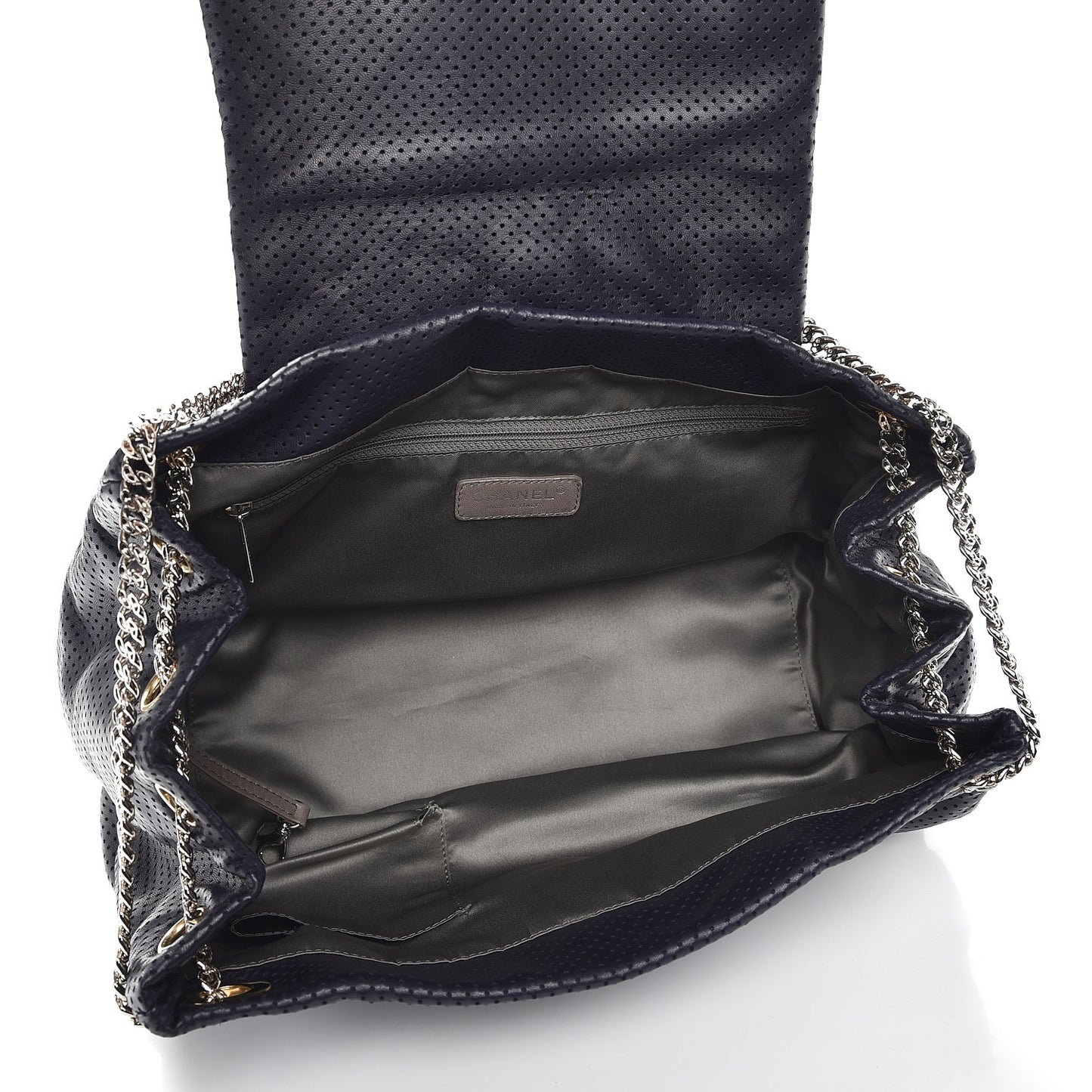 Calfskin Perforated Large Drill Accordion Flap Navy Blue