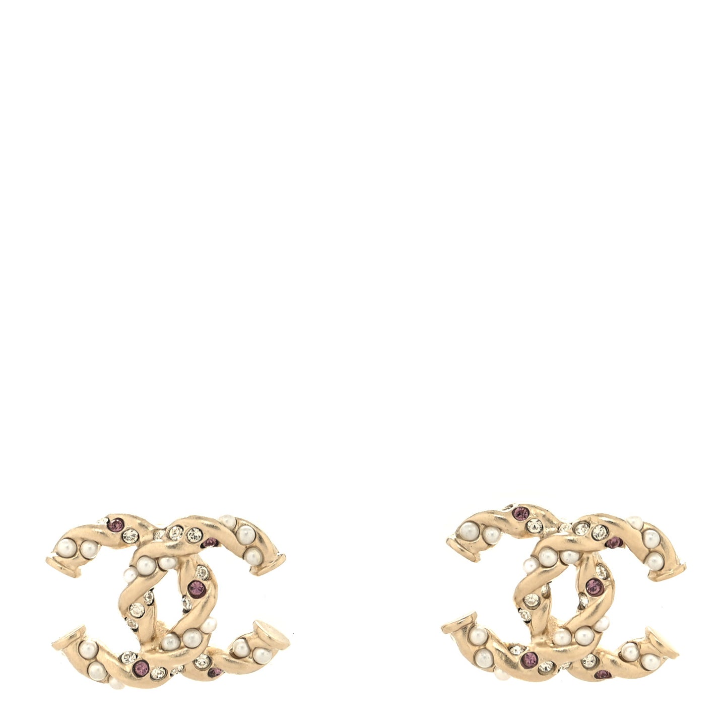 Metal Pearl Crystal Twisted CC Earrings Light Gold White Pink