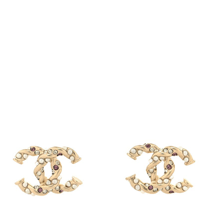 Chanel Metal Pearl Crystal Twisted CC Earrings Light Gold White Pink 1 of 4