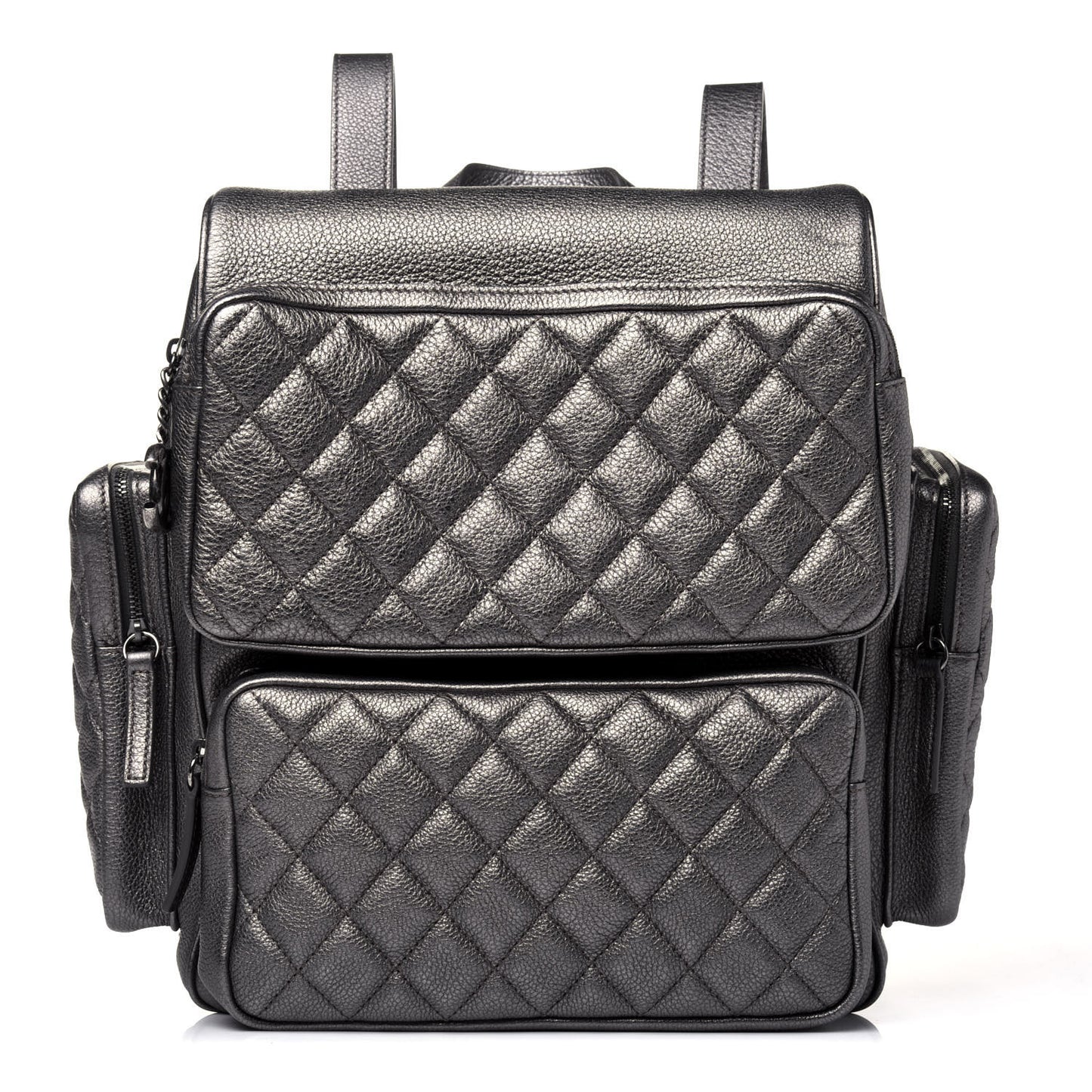 Metallic Grained Calfskin Quilted Large Casual Rock Backpack Charcoal