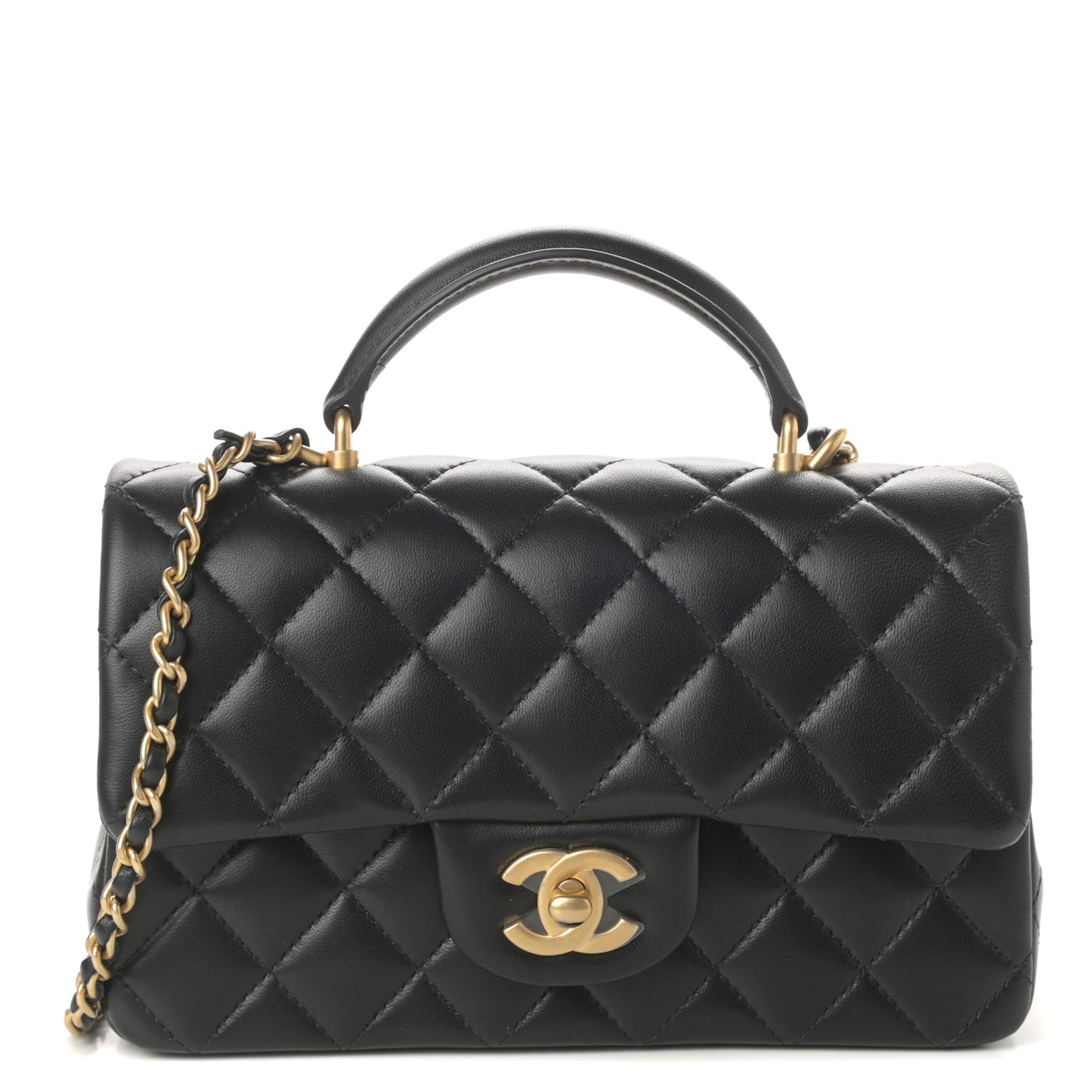 Lambskin Quilted Mini Top Handle Rectangular Flap Black