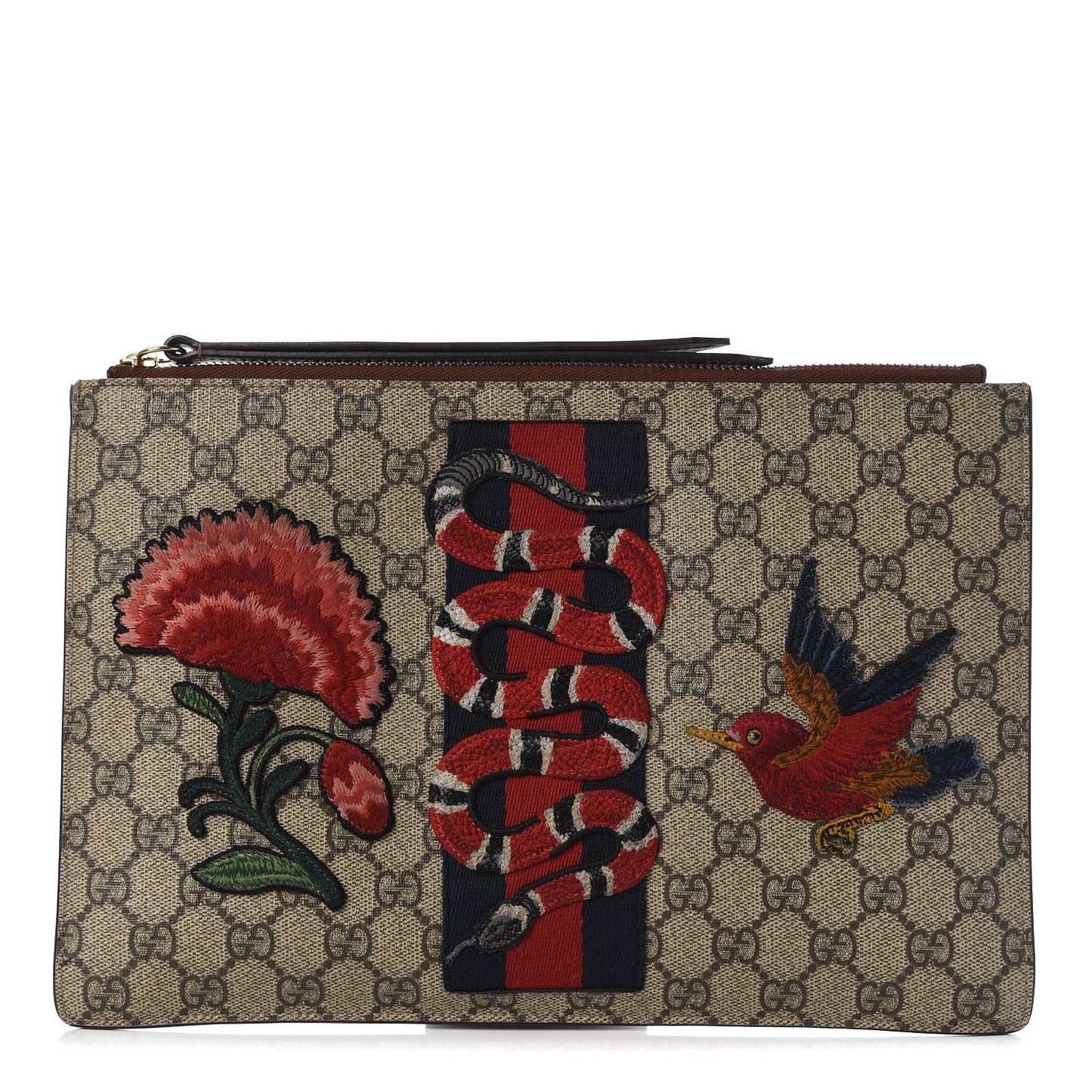 GG Supreme Monogram Web Kingsnake Embroidered Large Zip Pouch Brown