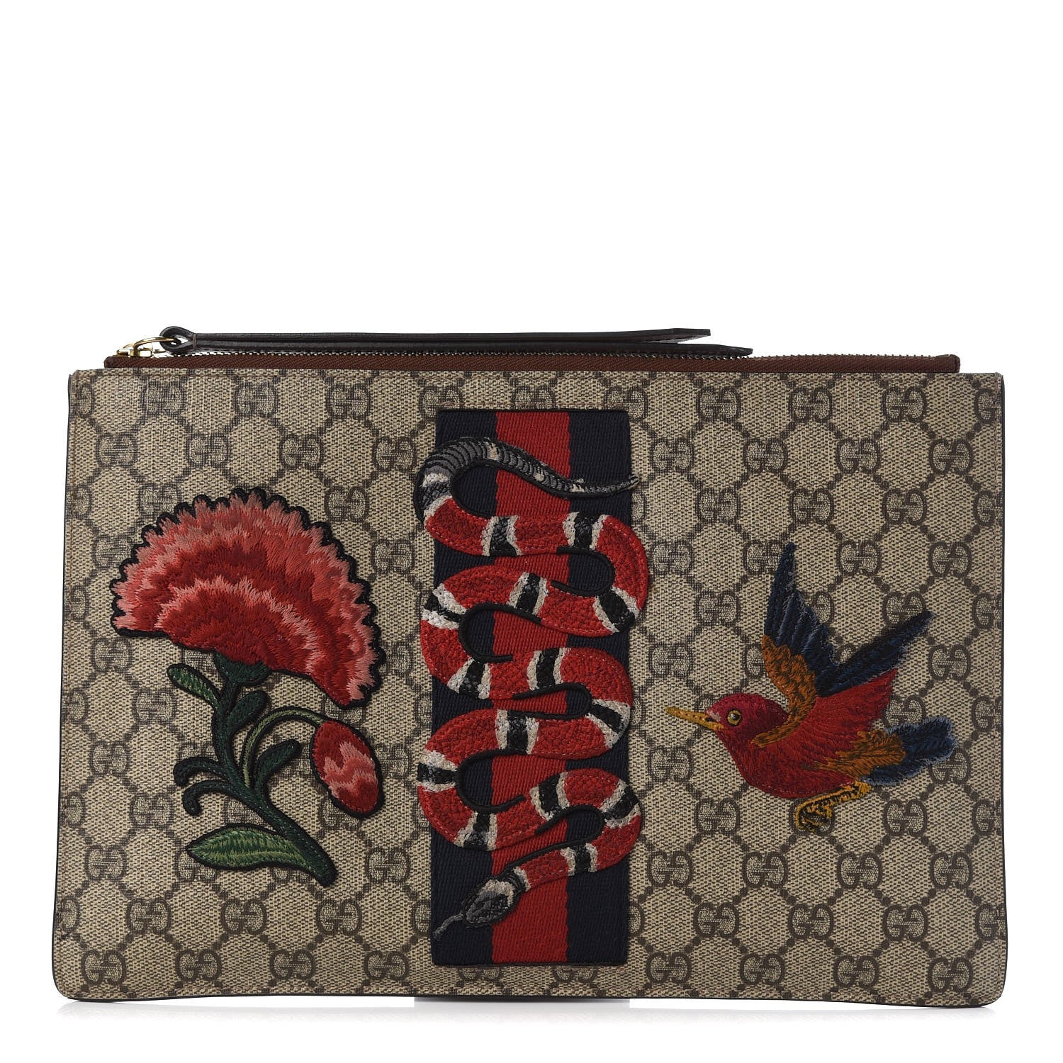 Gucci GG Supreme Monogram Web Kingsnake Embroidered Large Zip Pouch Brown 1 of 8