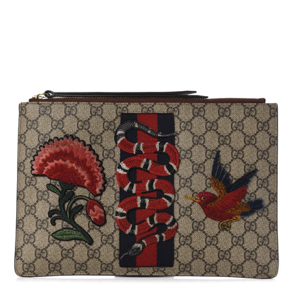 Gucci GG Supreme Monogram Web Kingsnake Embroidered Large Zip Pouch Brown 1 of 8