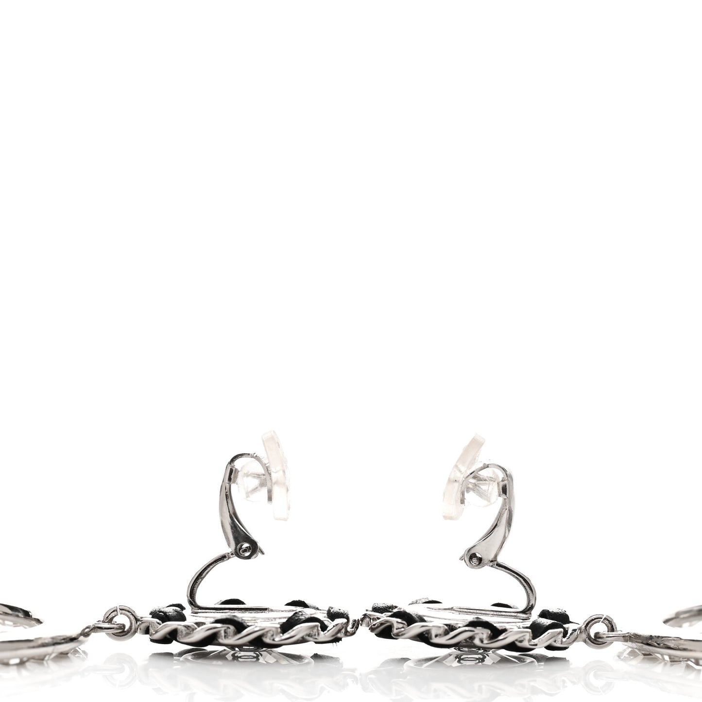 Crystal Lambskin Chain CC Hoop Clip On Earrings Black Silver