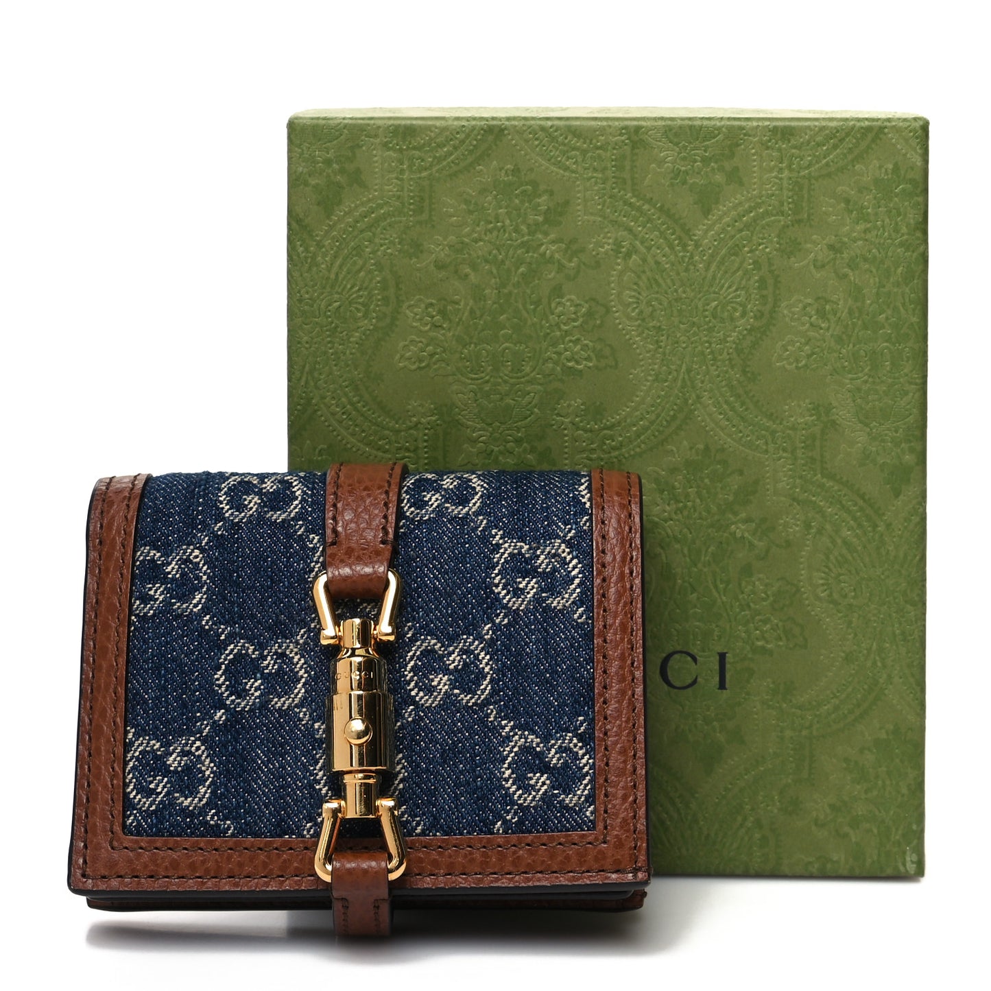 New Denim GG Monogram Jackie 1961 Card Case Blue Tea Cuir