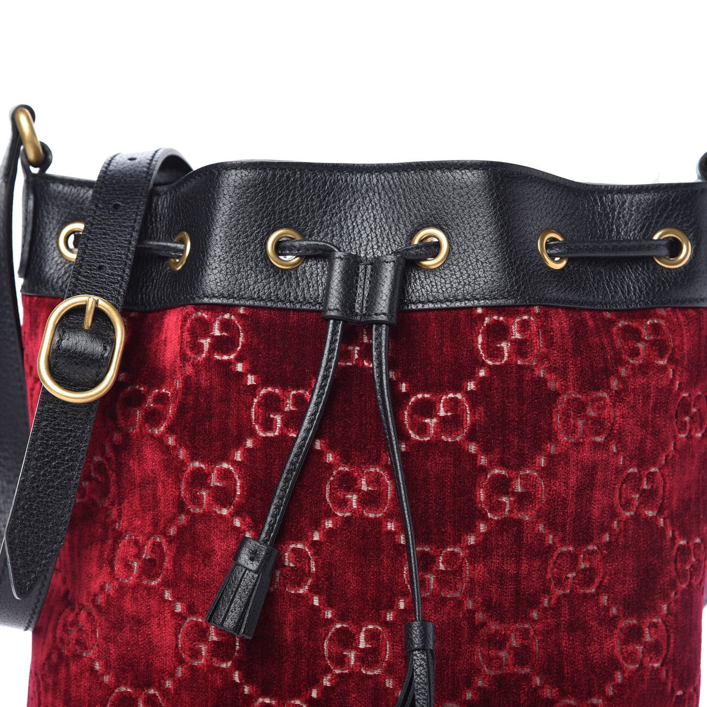 Velvet GG Monogram Textured Calfskin Web Bucket Bag Red Cipria Black