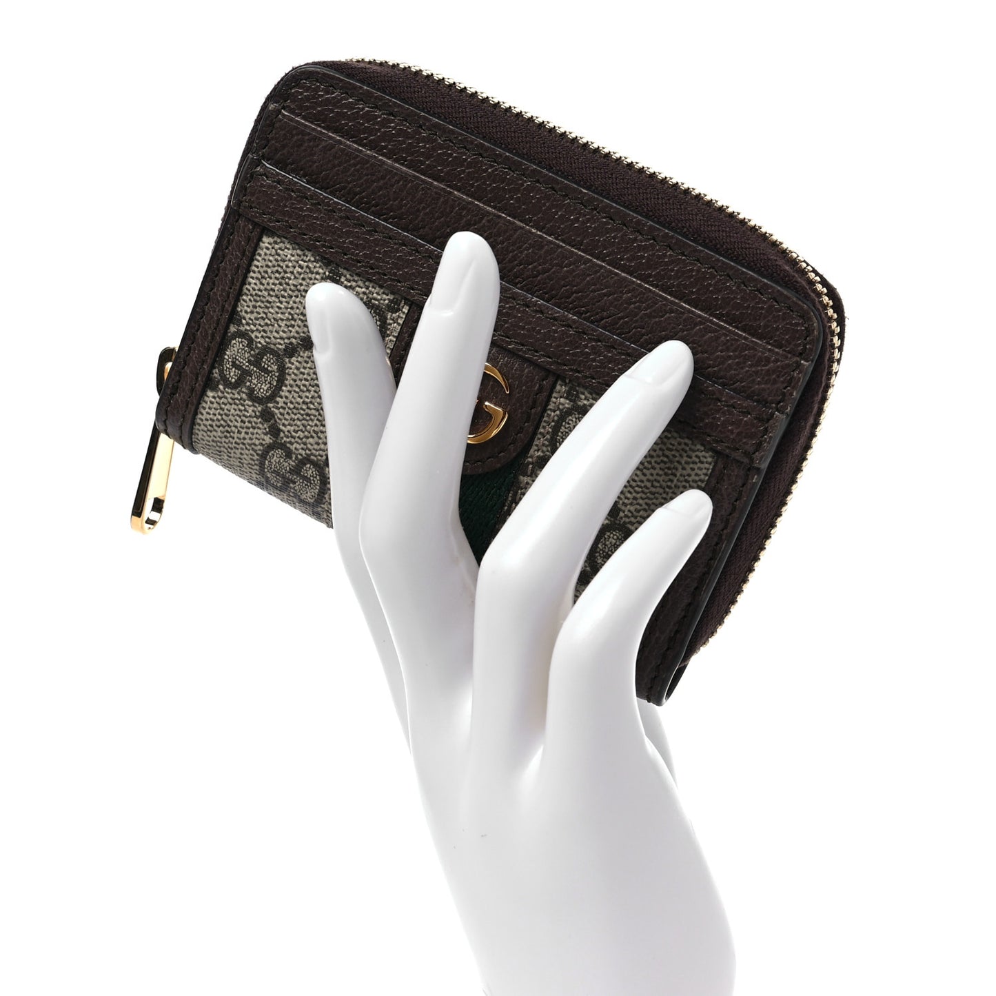 GG Supreme Monogram Textured Dollar Calfskin Web Ophidia Zip Around Card Case Wallet Beige Ebony New Acero