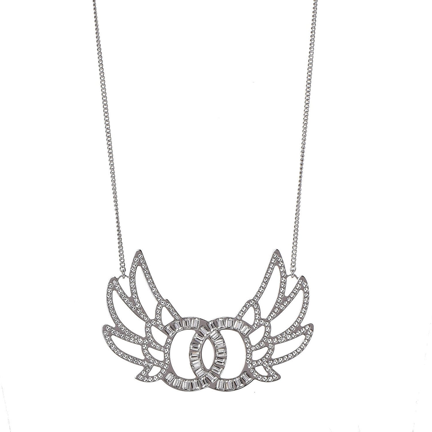 Baguette Crystal Winged CC Necklace Silver