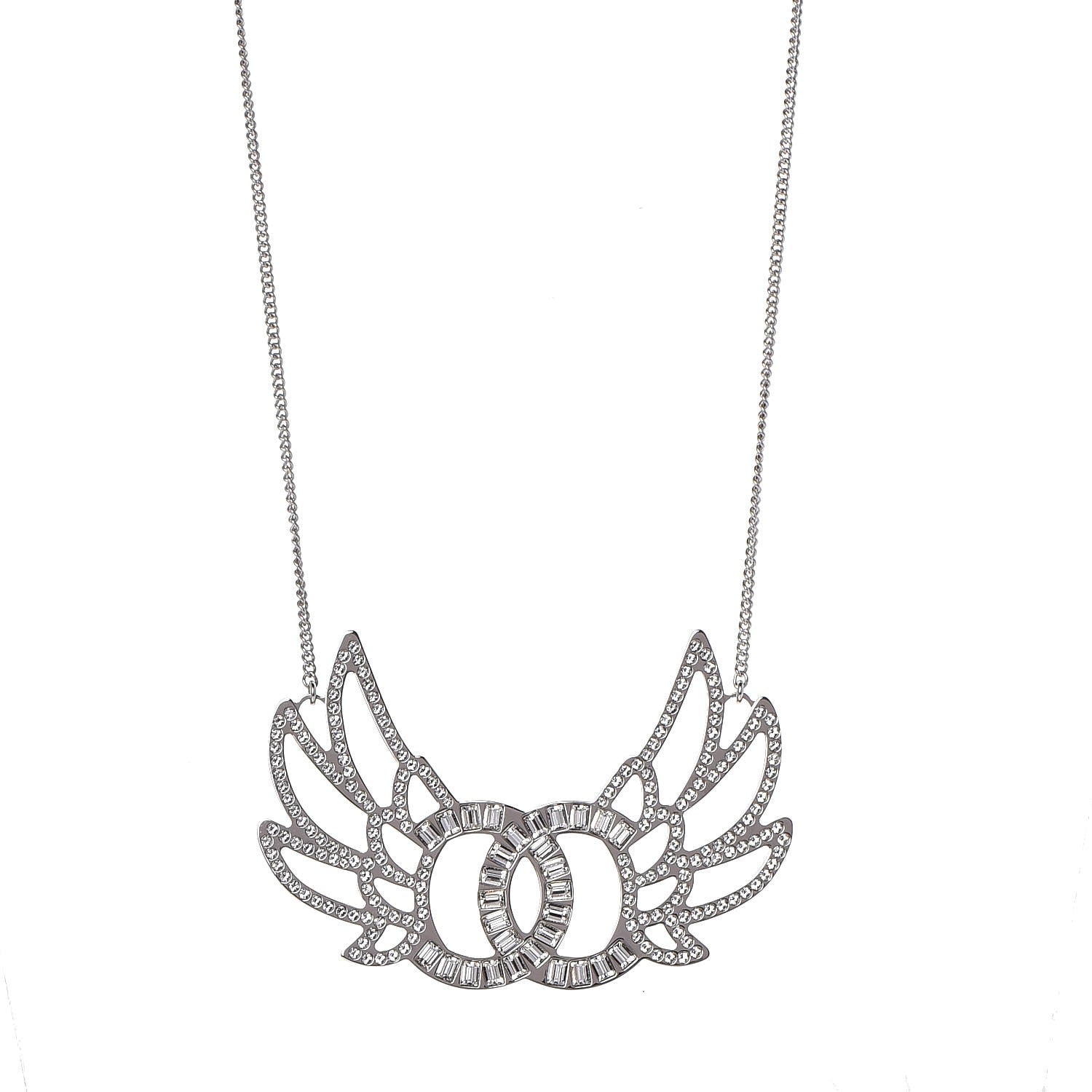Chanel Baguette Crystal Winged CC Necklace Silver 1 of 6