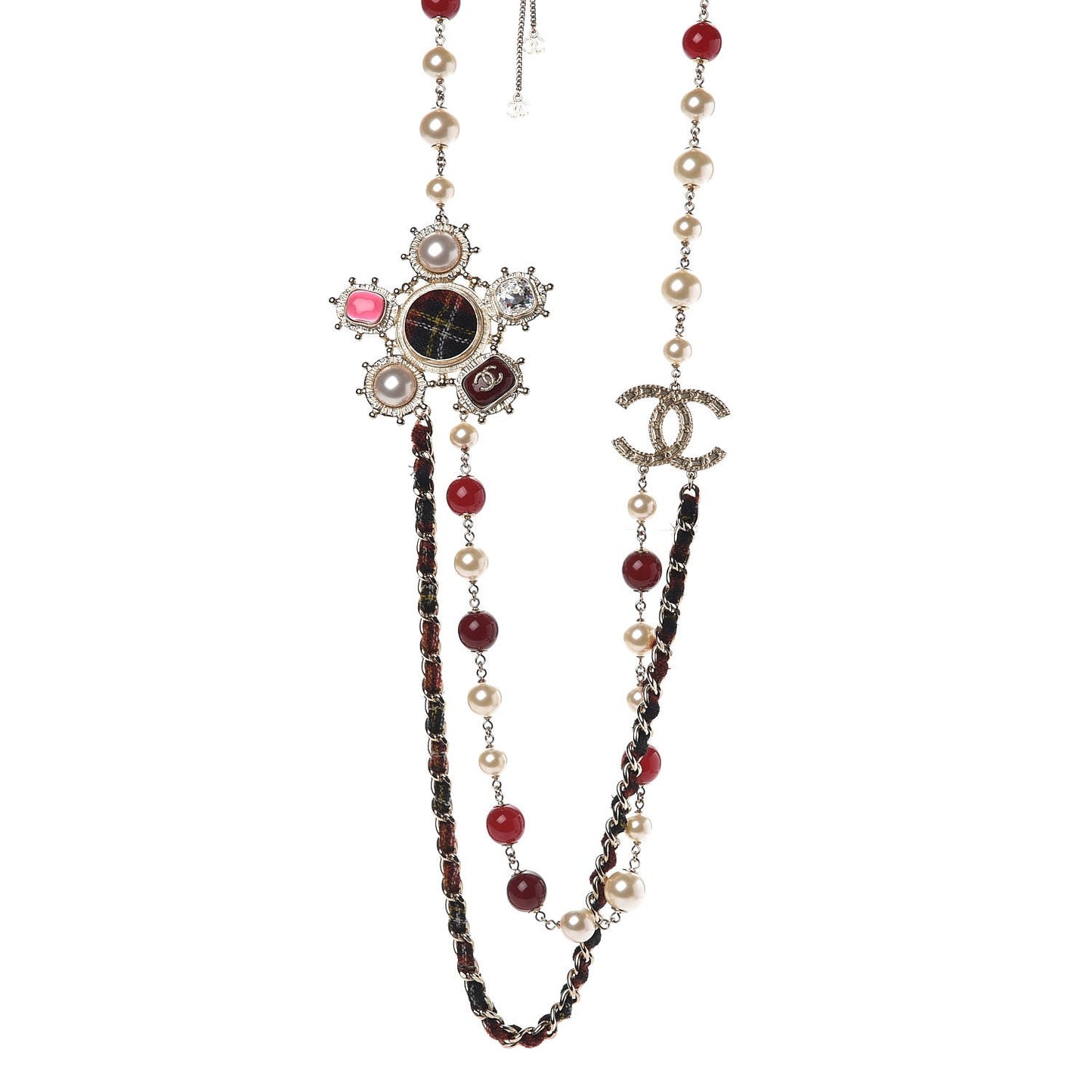 Gripoix Crystal Pearl Tweed Medallion Necklace Gold