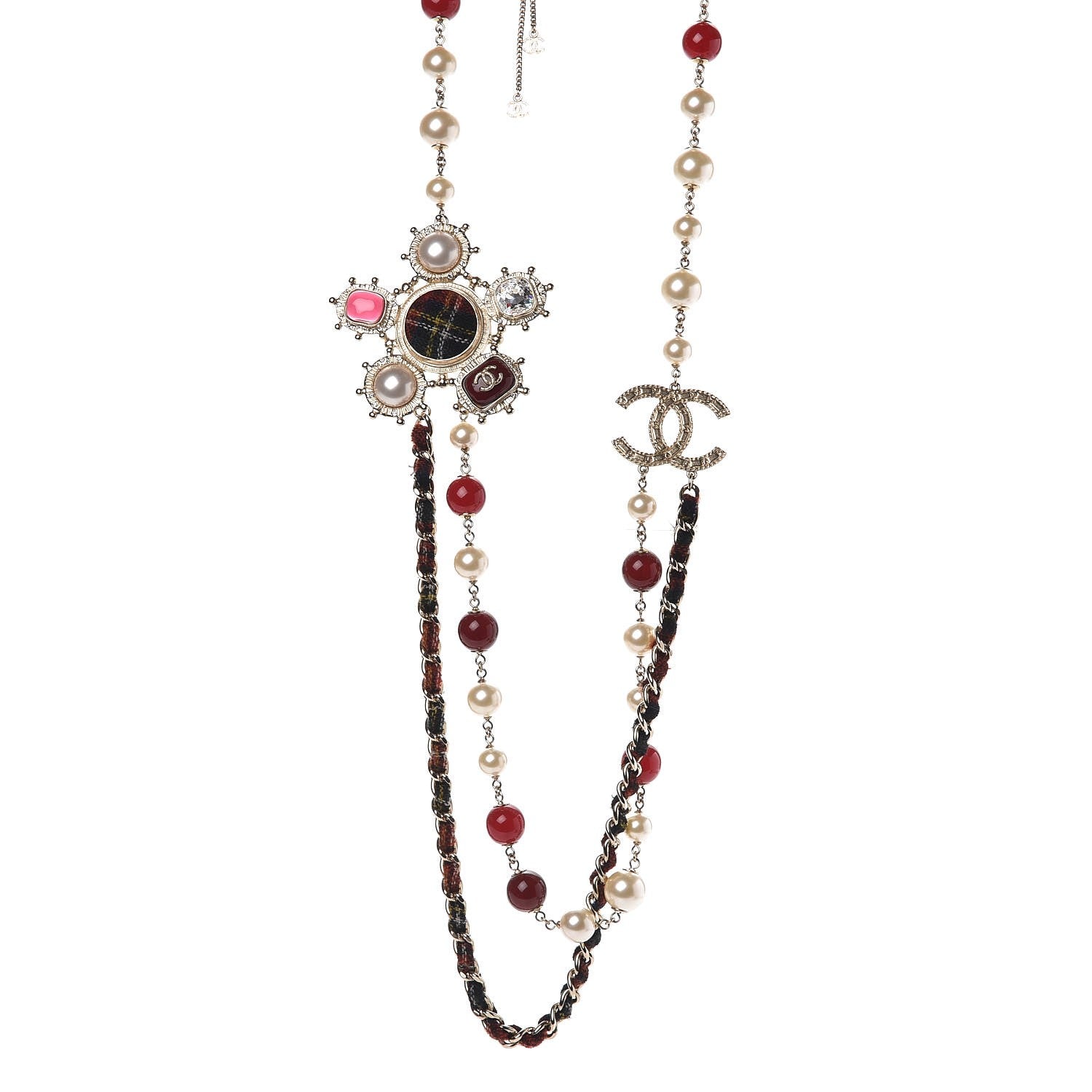 Chanel Gripoix Crystal Pearl Tweed Medallion Necklace Gold 1 of 5