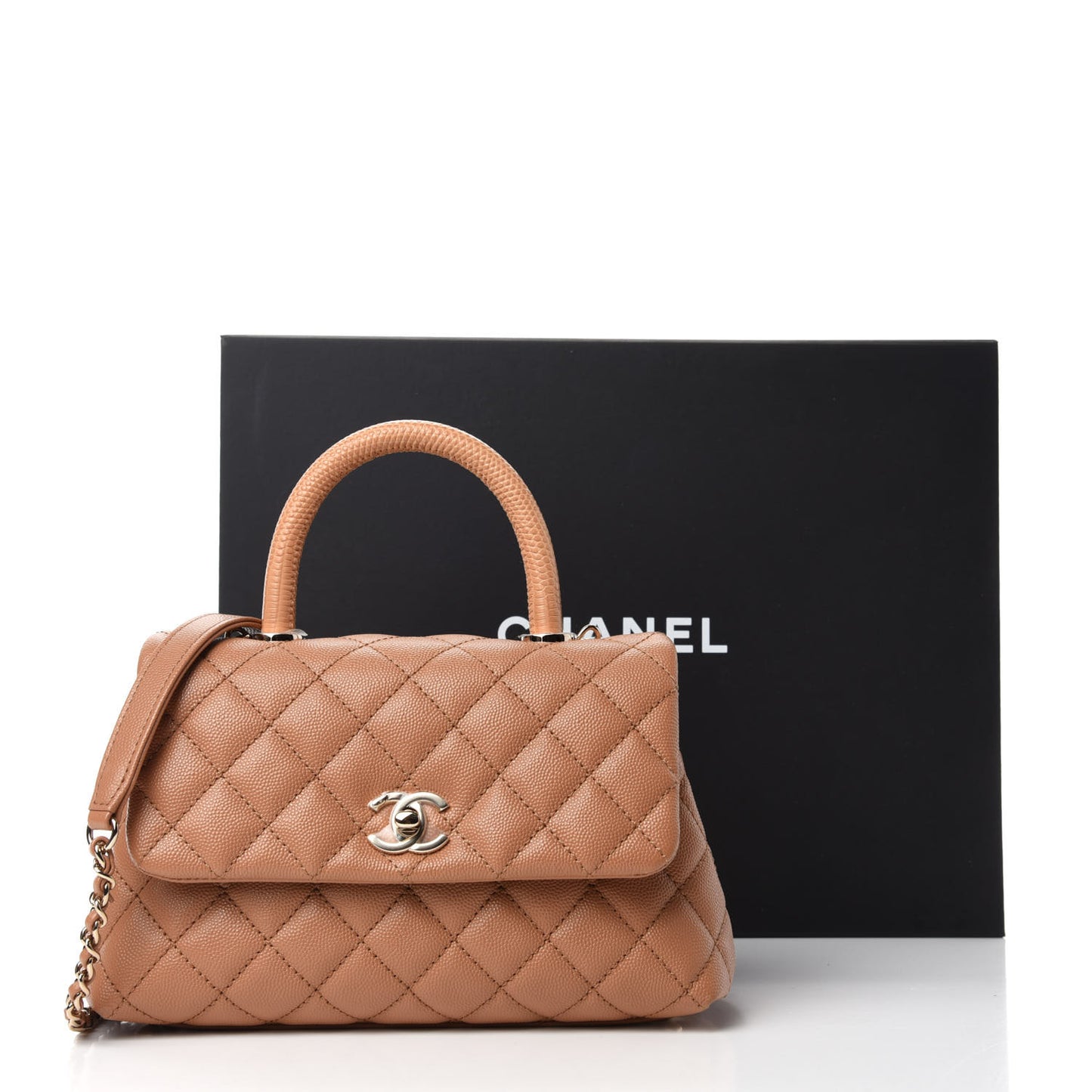 Caviar Quilted Lizard Embossed Mini Coco Handle Flap Brown