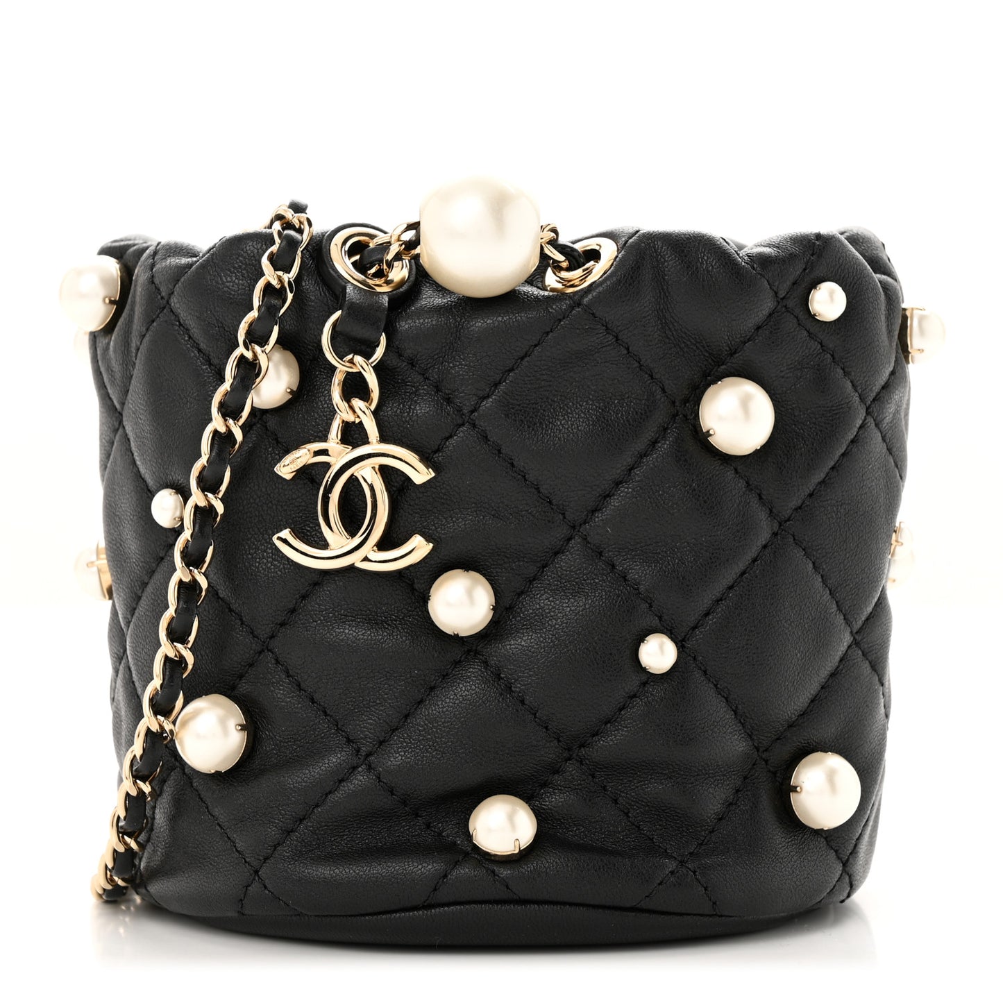 Lambskin Quilted Pearl Mini About Pearls Drawstring Bag Black