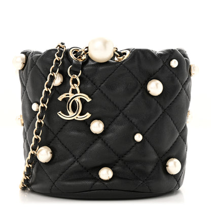 Chanel Lambskin Quilted Pearl Mini About Pearls Drawstring Bag Black 1 of 10