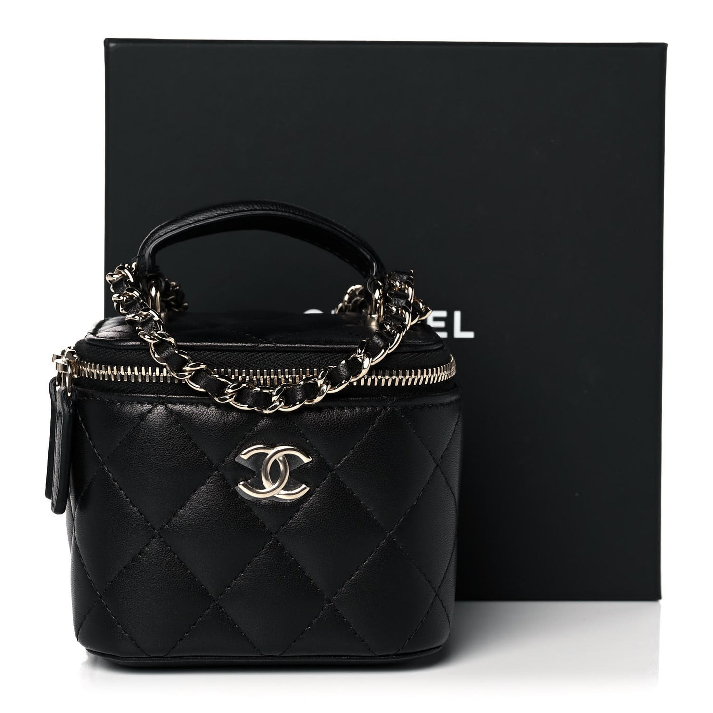 Lambskin Quilted Top Handle Mini Vanity Case With Chain Black