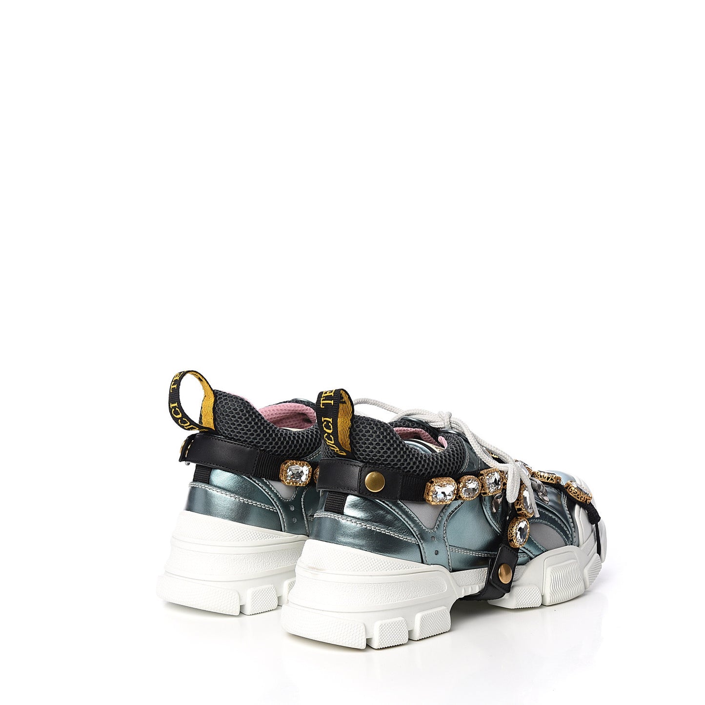 X SEGA Metallic Calfskin Removable Crystals Womens Flashtrek Sneakers 38 Lago Loess Silver