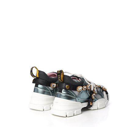 Gucci X SEGA Metallic Calfskin Removable Crystals Womens Flashtrek Sneakers 38 Lago Loess Silver 4 of 10
