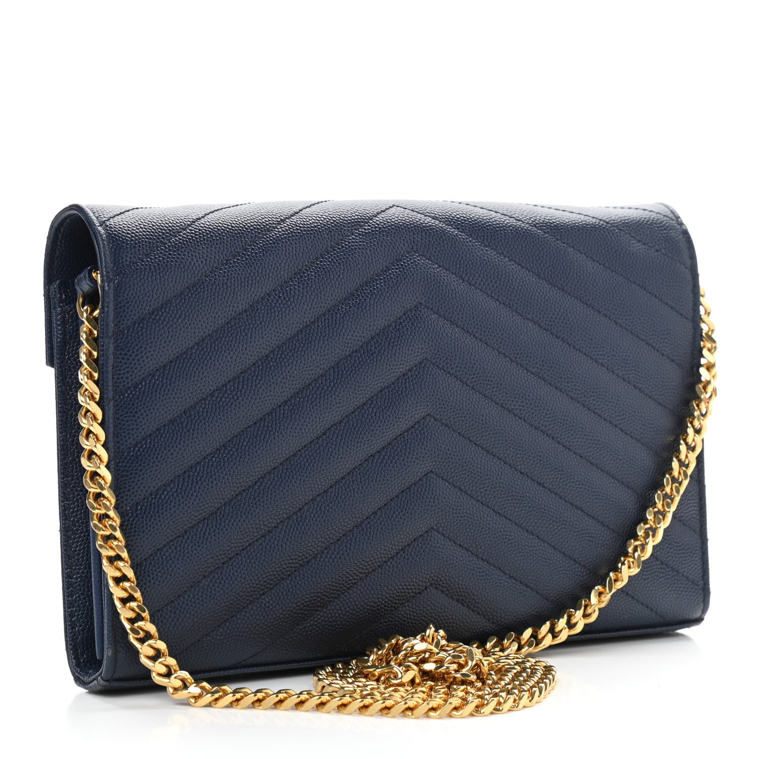 Saint Laurent Grain De Poudre Matelasse Chevron Monogram Chain Wallet Deep Marine 3 of 11