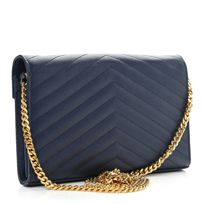 Saint Laurent Grain De Poudre Matelasse Chevron Monogram Chain Wallet Deep Marine 3 of 11