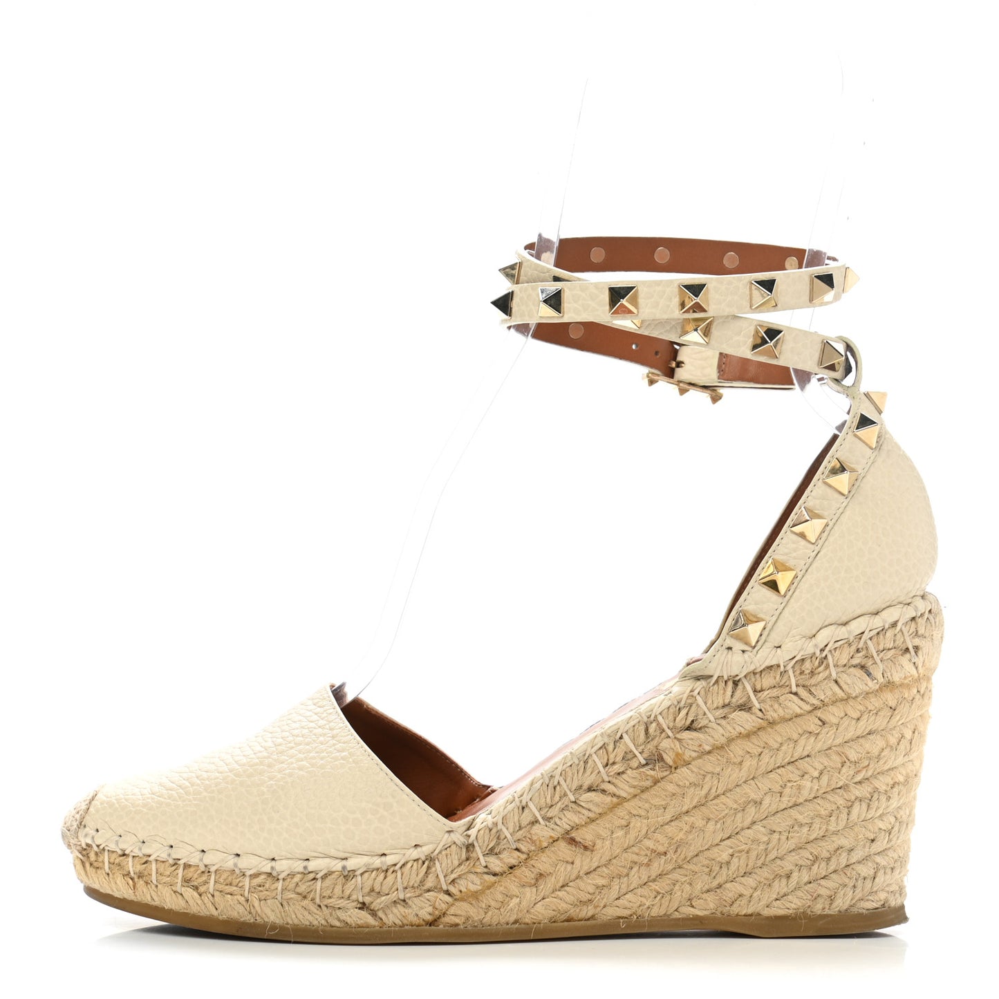 Grained Calfskin Rockstud Ankle Wrap Espadrille 15/85mm Wedges 38 Light Ivory