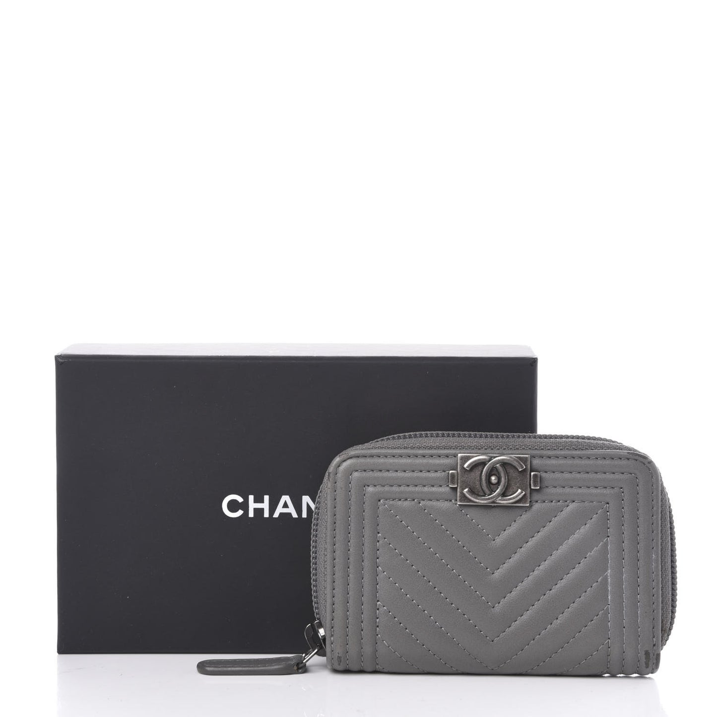 Calfskin Chevron Quilted Boy Zip Around Coin Purse Wallet Grey