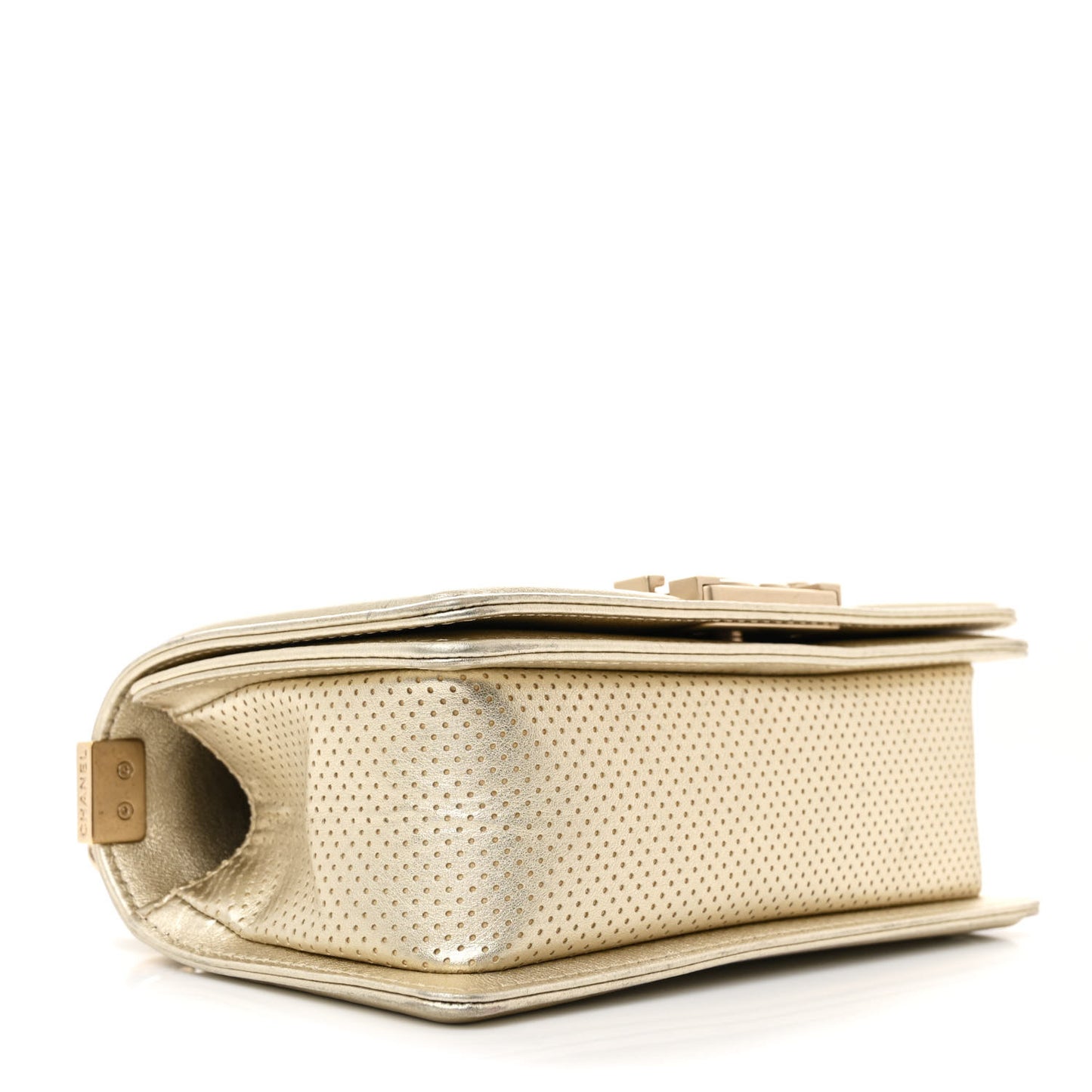 Metallic Calfskin Perforated Small Boy Flap Gold