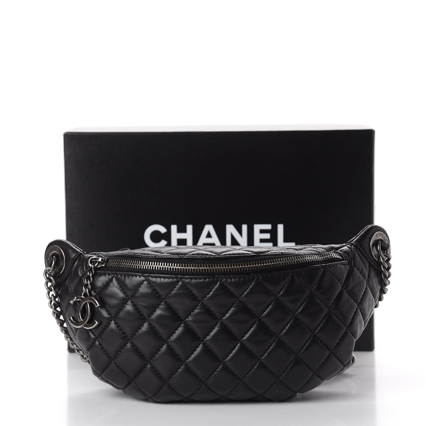 Lambskin Quilted Banane Waist Bag Fanny Pack Black