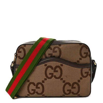 Gucci Monogram Jumbo GG Textured Dollar Calfskin Web Messenger Shoulder Bag Camel Ebony New Acero 1 of 9