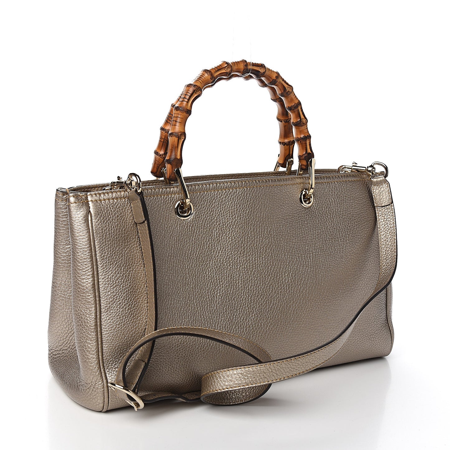 Metallic Pebbled Calfskin Medium Bamboo Shopper Tote Golden Beige