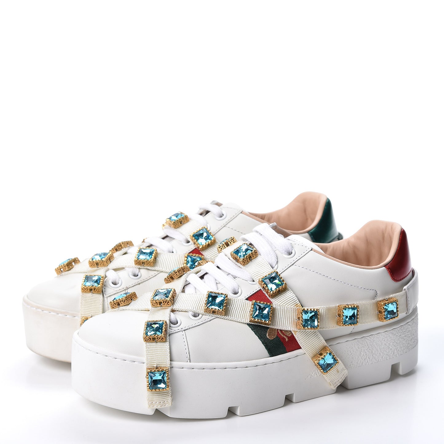 Calfskin Removable Crystals Bee Embroidered Ace Platform Sneakers 37 White