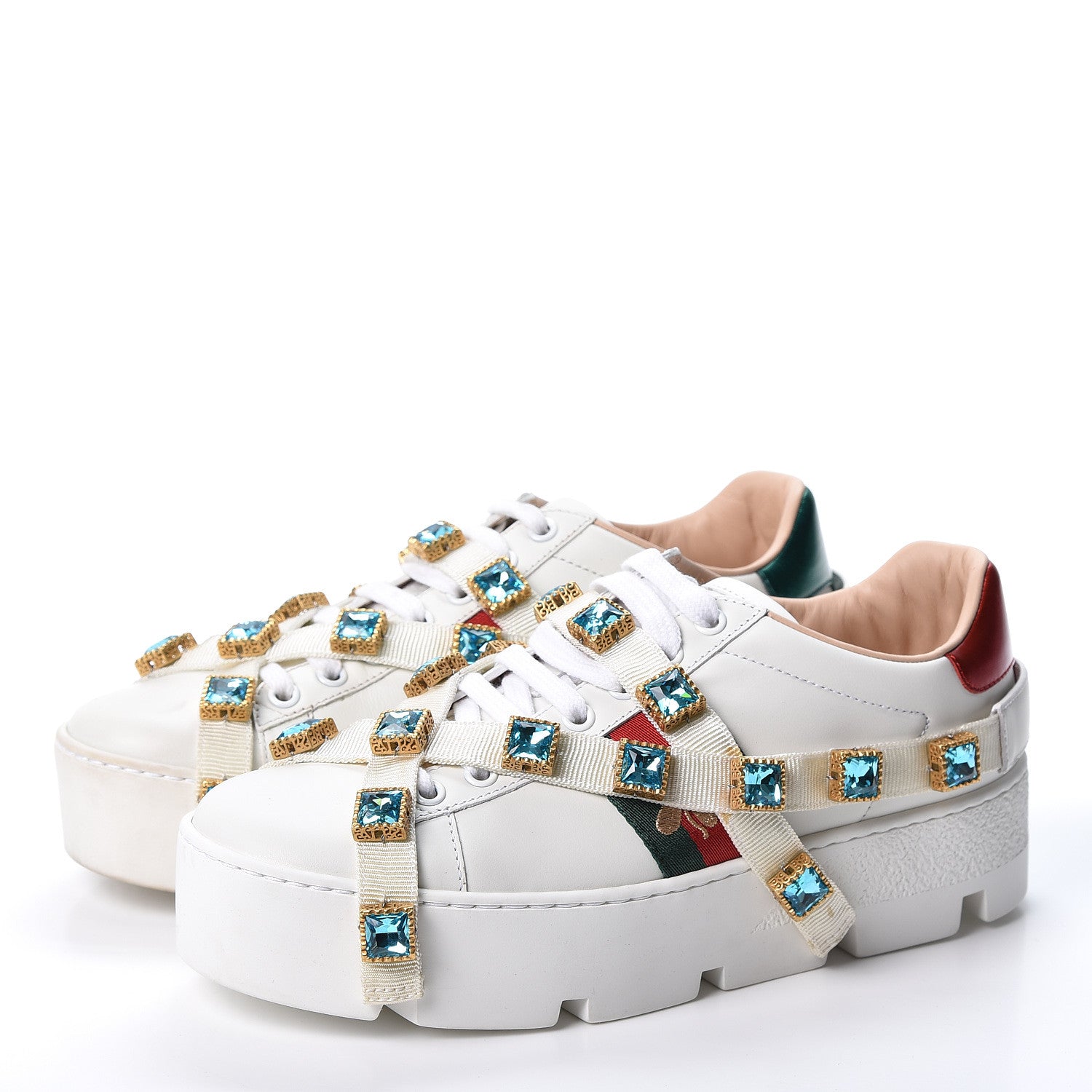 Gucci Calfskin Removable Crystals Bee Embroidered Ace Platform Sneakers 37 White 3 of 11