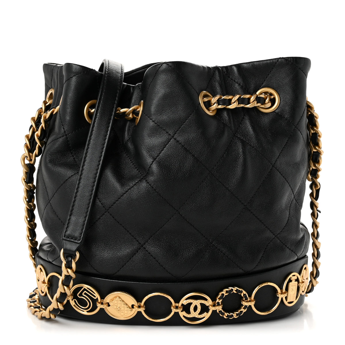 Chanel Shiny Lambskin Quilted Medallion Chain Drawstring Bucket Bag Black 1 of 9