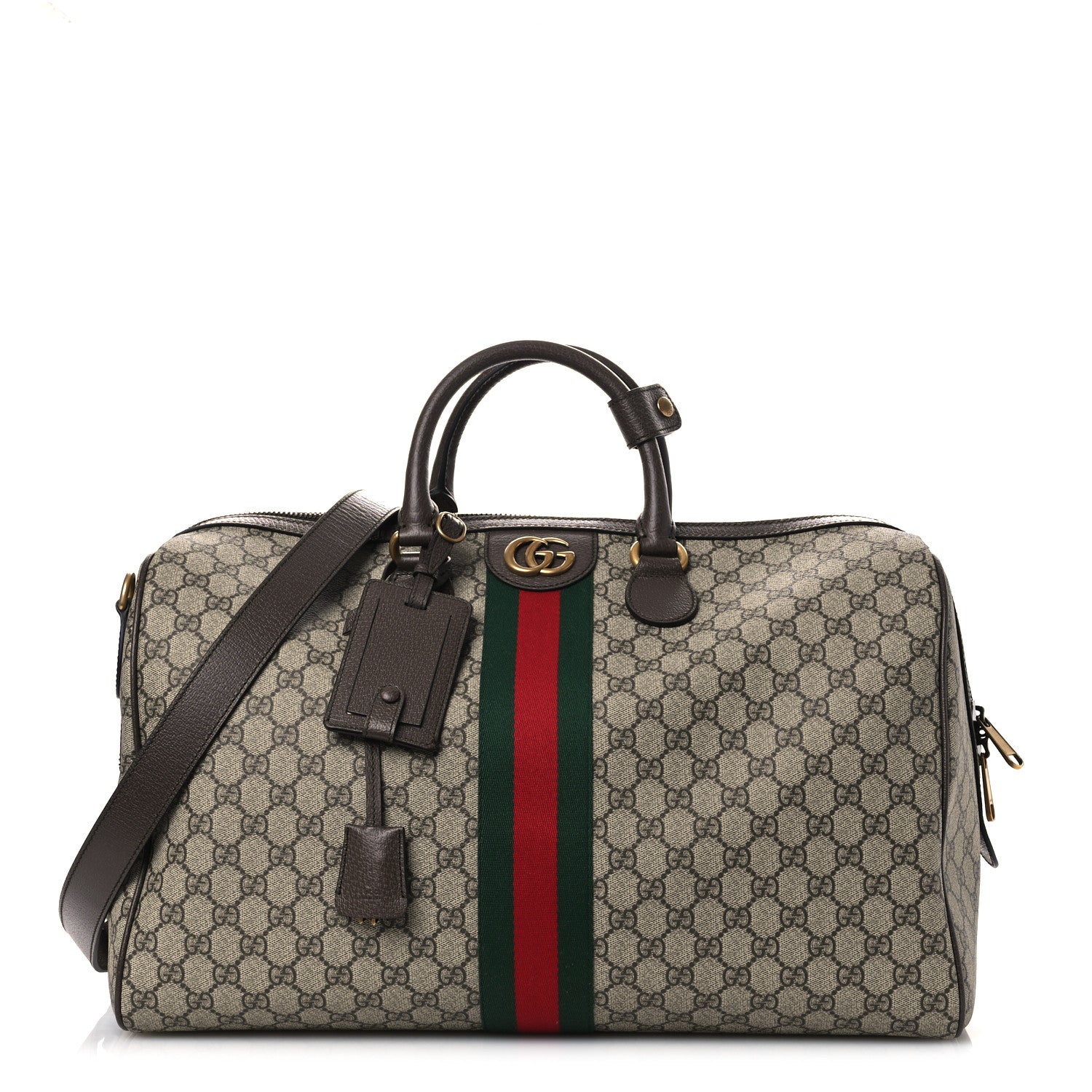 Gucci GG Supreme Monogram Textured Dollar Calfskin Web Medium Savoy Duffle Bag Beige Dark Brown 1 of 12