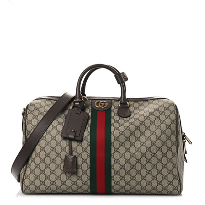 Gucci GG Supreme Monogram Textured Dollar Calfskin Web Medium Savoy Duffle Bag Beige Dark Brown 1 of 12