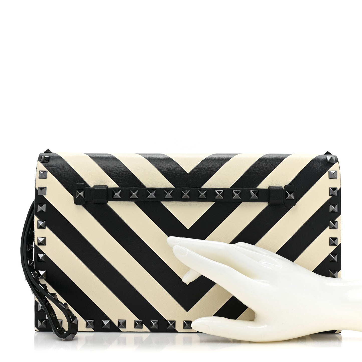 Nappa Chevron Striped Rockstud Wristlet Clutch Light Ivory Black