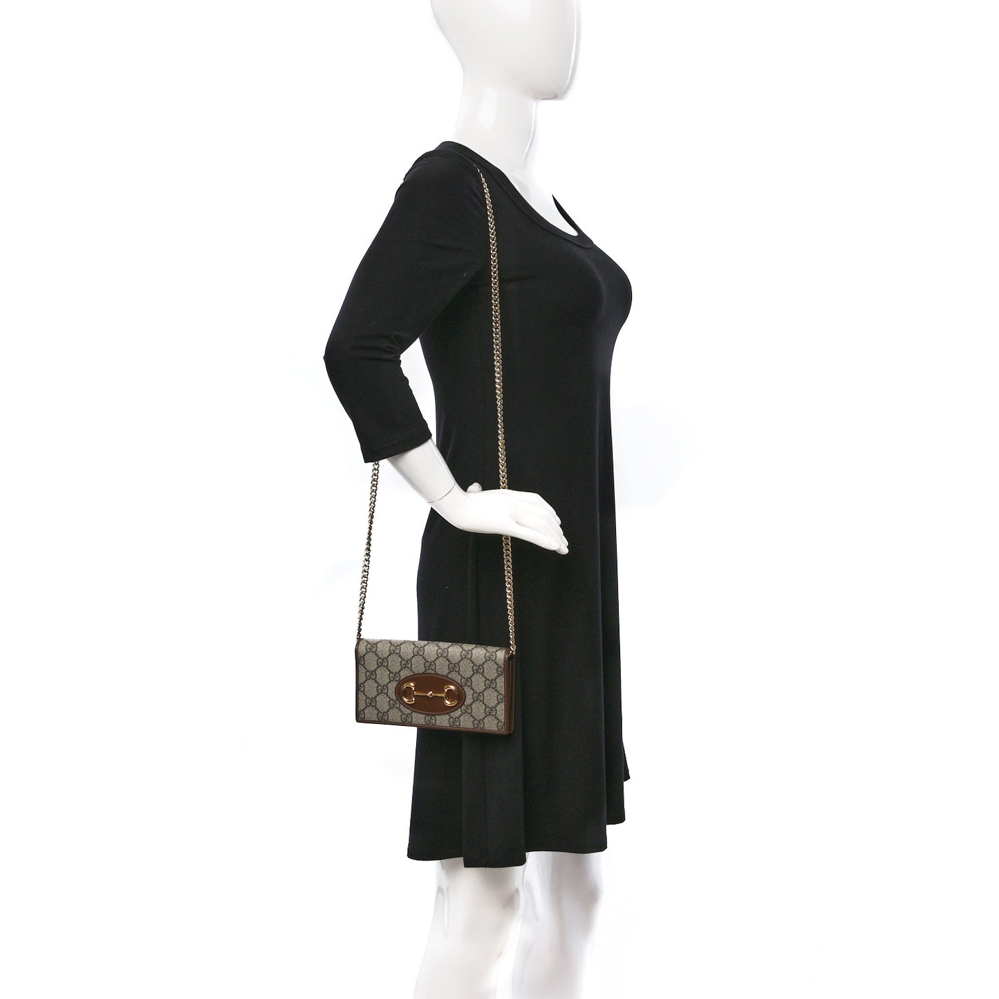 GG Supreme Monogram Azalea Calfskin Horsebit 1955 Wallet On Chain Beige Ebony Brown Sugar
