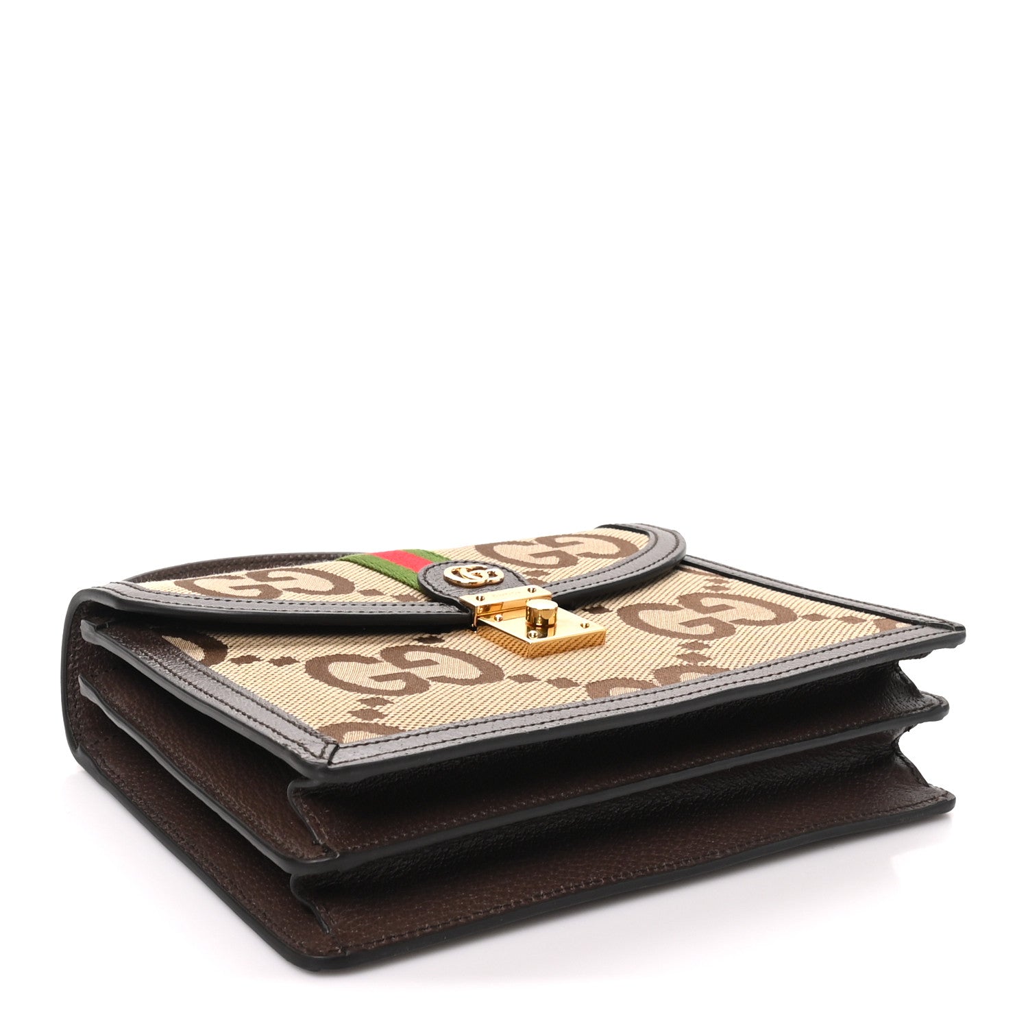 Gucci Monogram Jumbo GG Textured Dollar Calfskin Web Small Ophidia Padlock Top Handle Bag Camel Ebony New Acero 4 of 11
