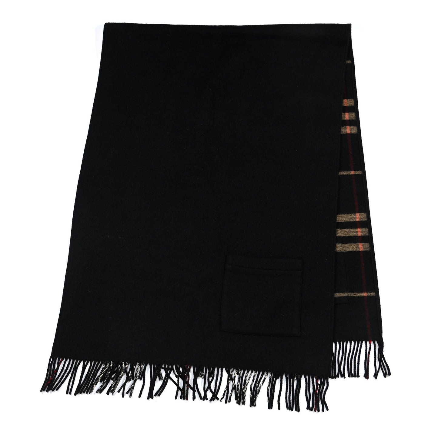 Merino Wool Cashmere Check Pocket Scarf Black