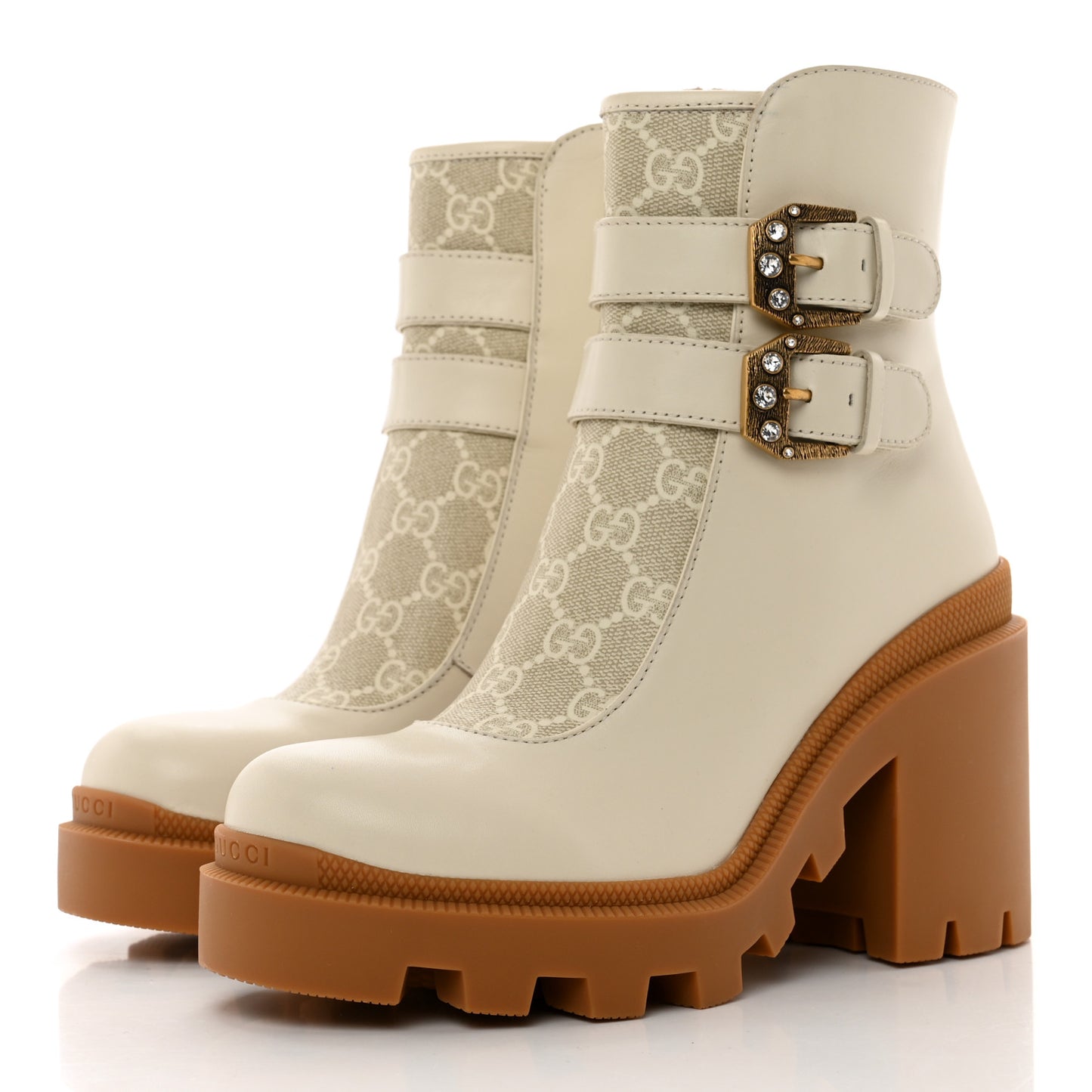 Kensington Calfskin Nappa GG Supreme Monogram Womens Double Buckle Ankle Boots 36.5 Mystic White Beige