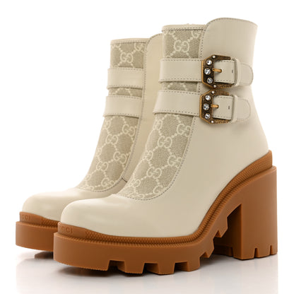 Gucci Kensington Calfskin Nappa GG Supreme Monogram Womens Double Buckle Ankle Boots 36.5 Mystic White Beige 3 of 8