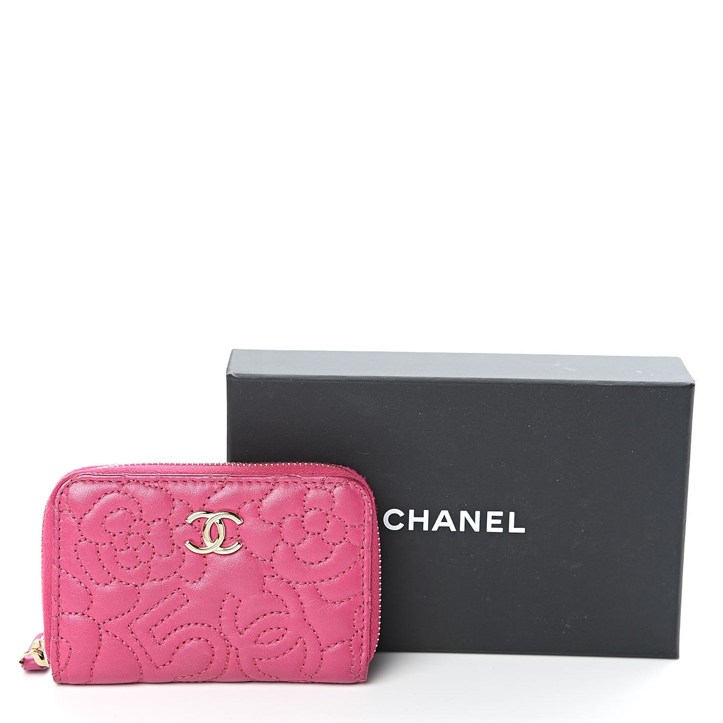 Lambskin Camellia Embossed Zip Coin Purse Fuchsia