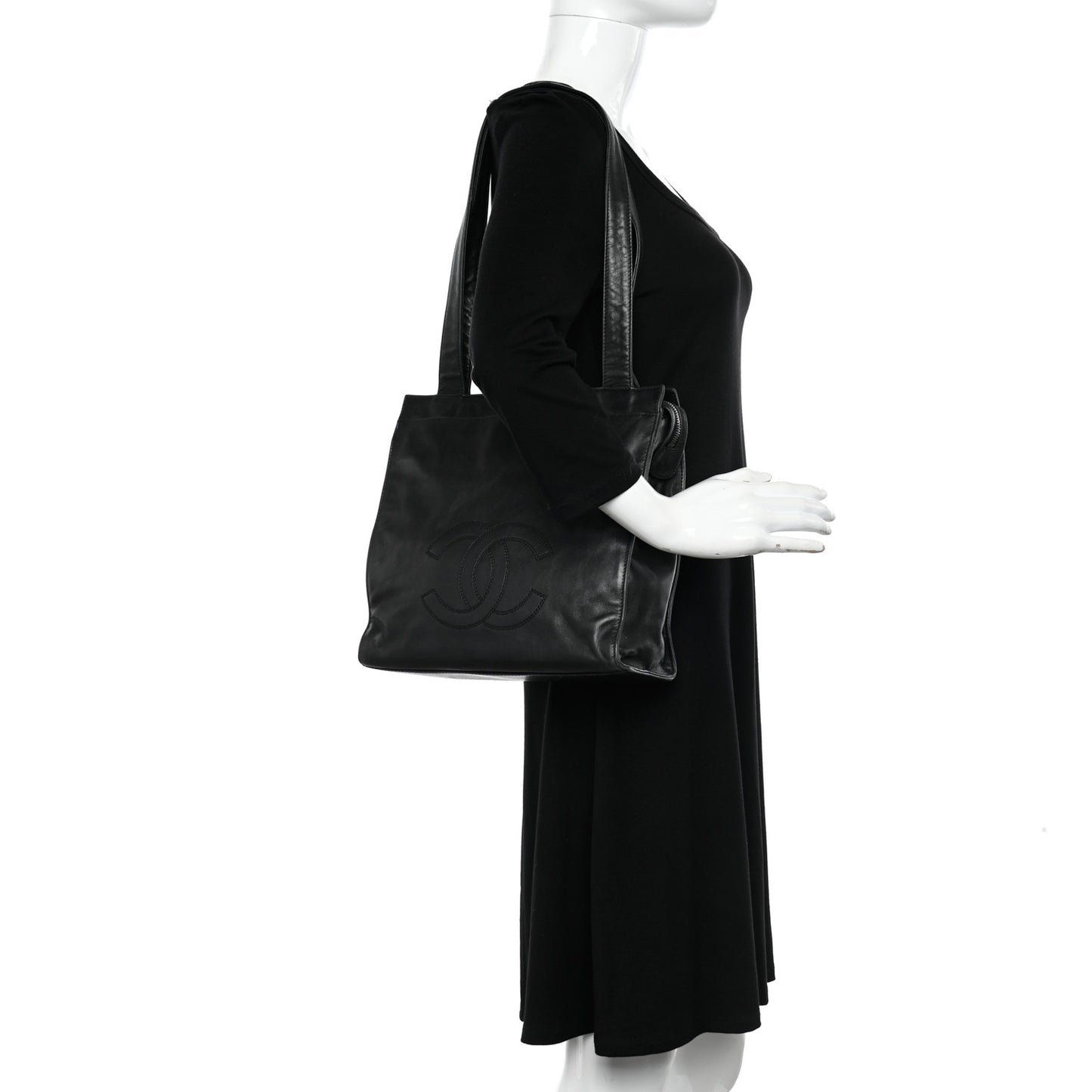 Lambskin CC Stitched Logo Tote Black