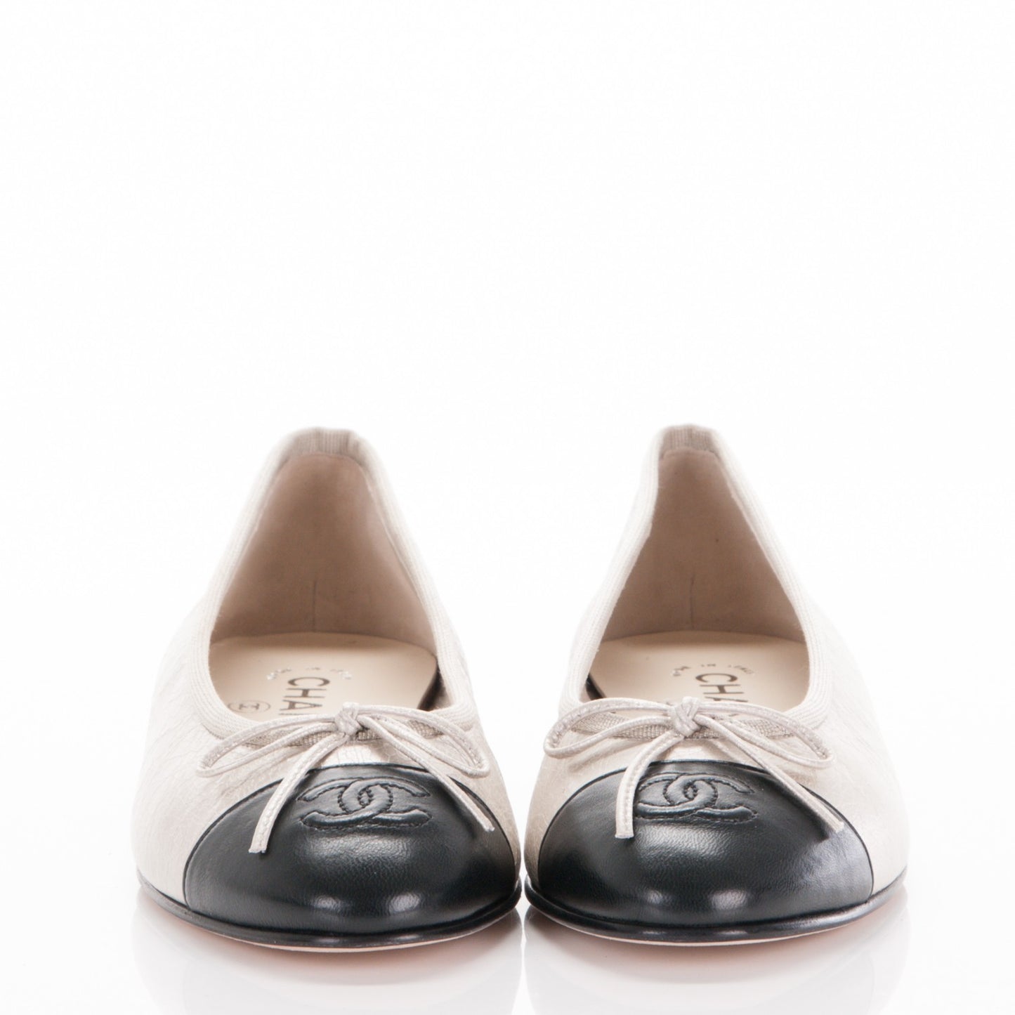 Metallic Calfskin Cap Toe Ballerina Flats 37.5 Beige Black
