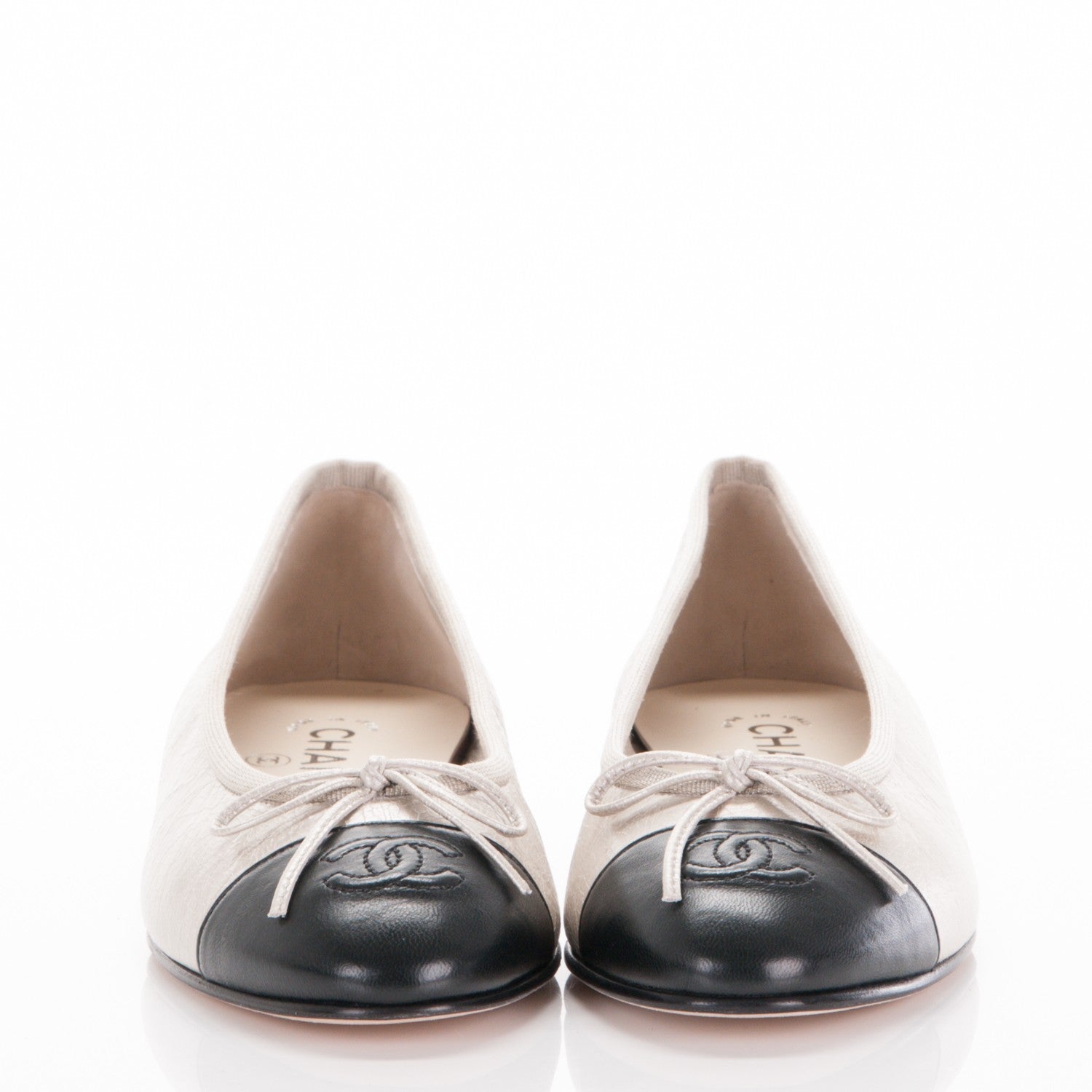 Chanel Metallic Calfskin Cap Toe Ballerina Flats 37.5 Beige Black 2 of 8