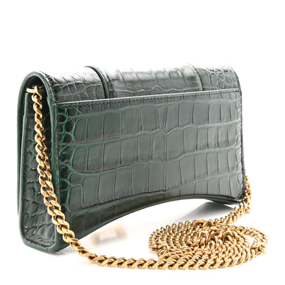 Balenciaga Shiny Calfskin Crocodile Embossed Hourglass Chain Bag Forest Green 3 of 9