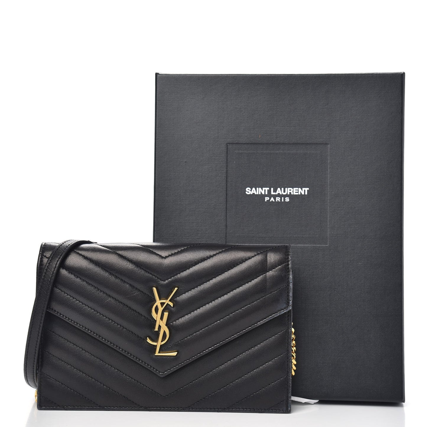 Grain De Poudre Matelasse Chevron Monogram Envelope Chain Wallet Black