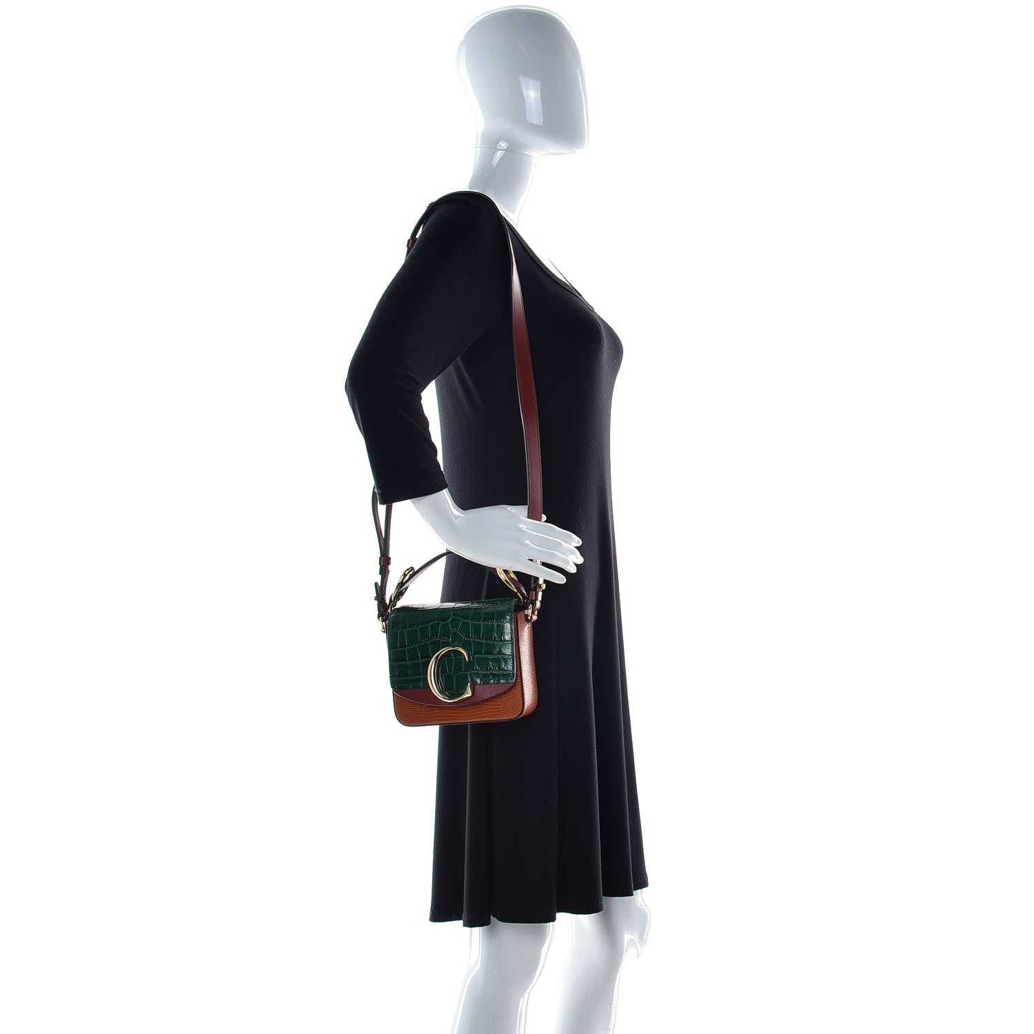 Chloe Calfskin Crocodile Embossed Mini C Double Carry Woodsy Green Chestnut Brown 3 of 14